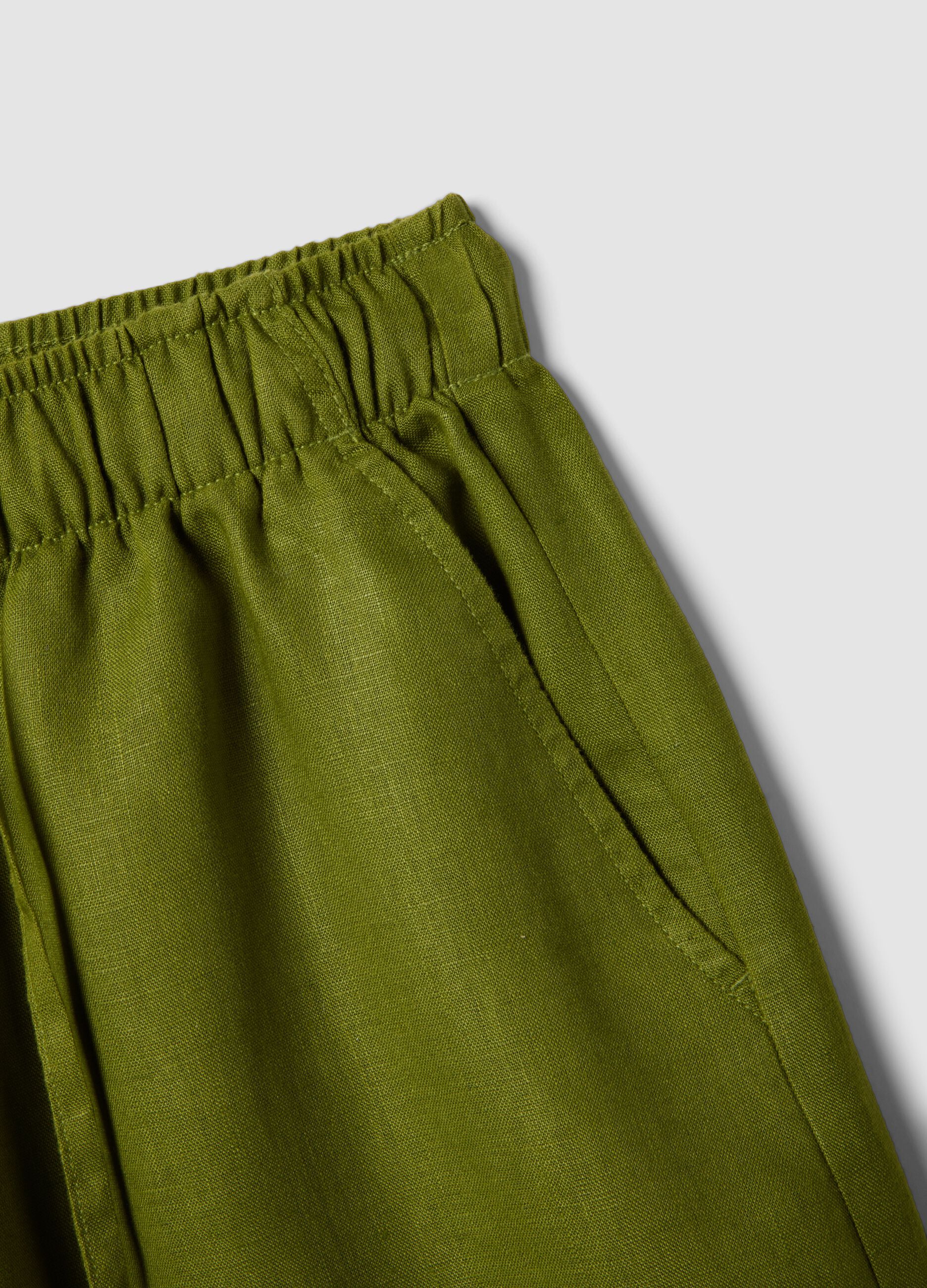 Green pure linen drawstring trousers, straight fit