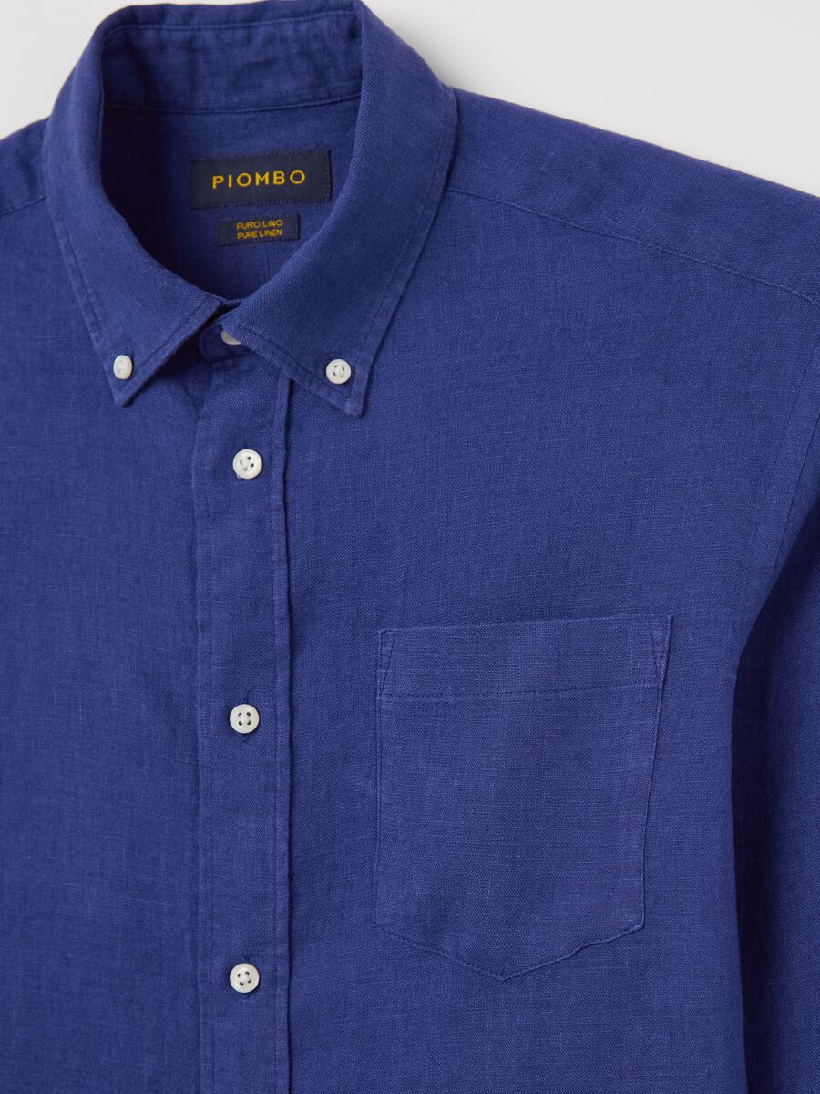 Blue Linen Shirt by Piombo with Button-down Collar_5