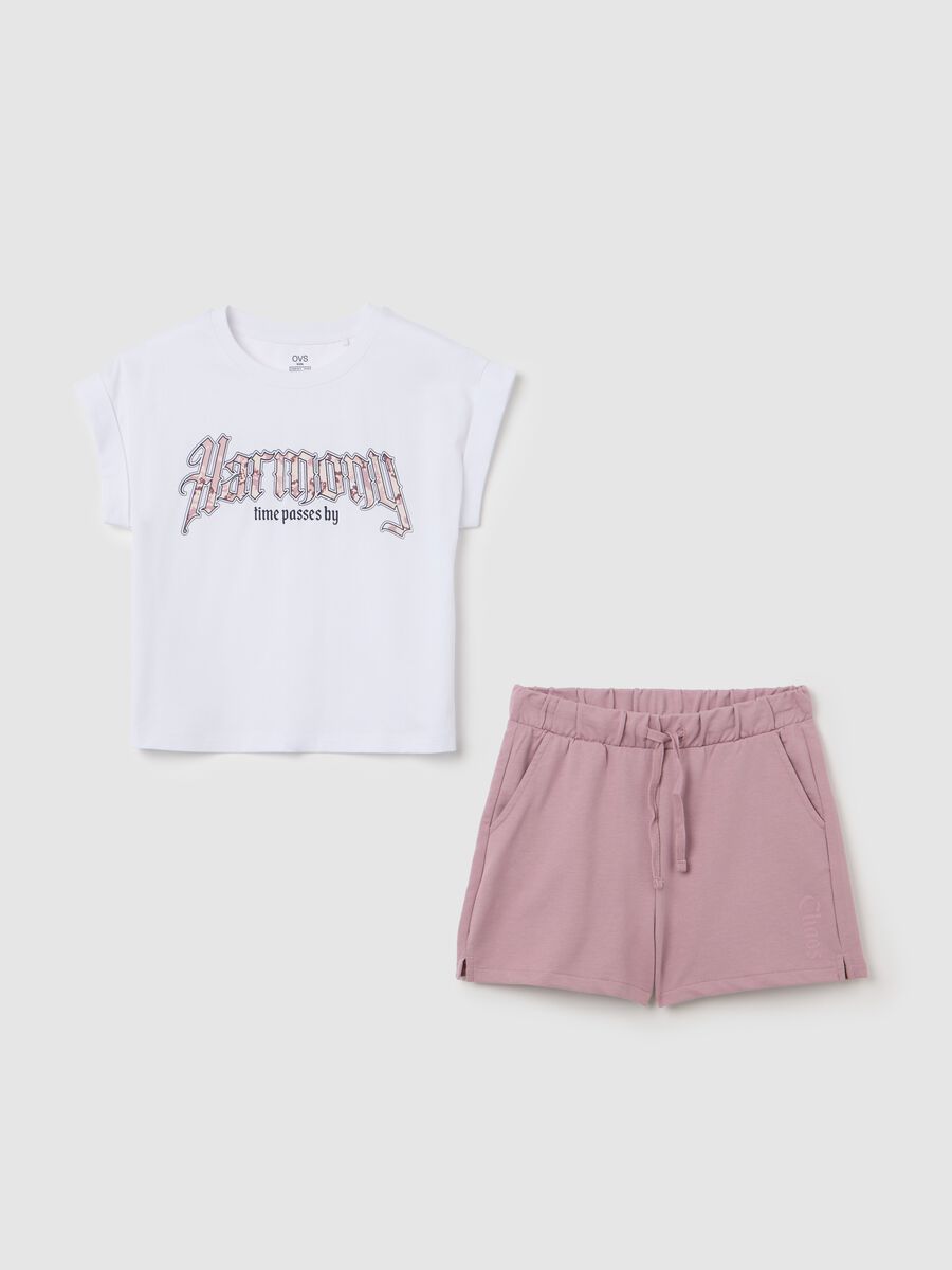Jogging set bianco e rosa in cotone con stampa _0