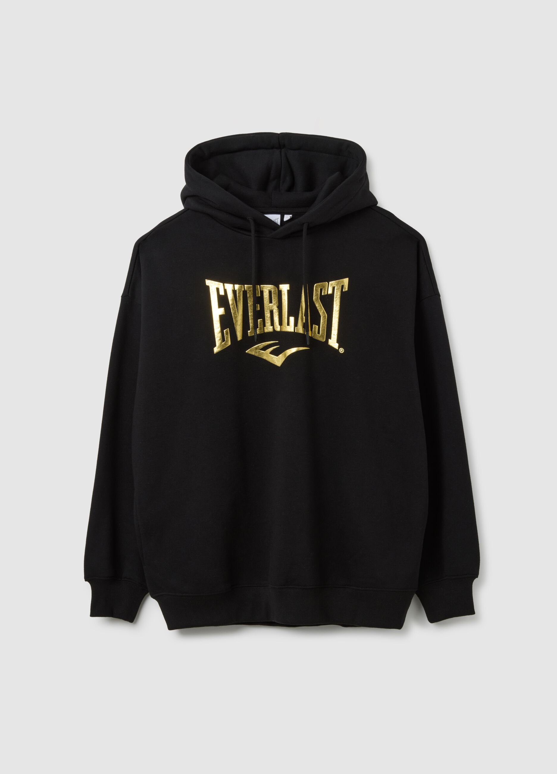 Black cotton blend hoodie with Everlast print