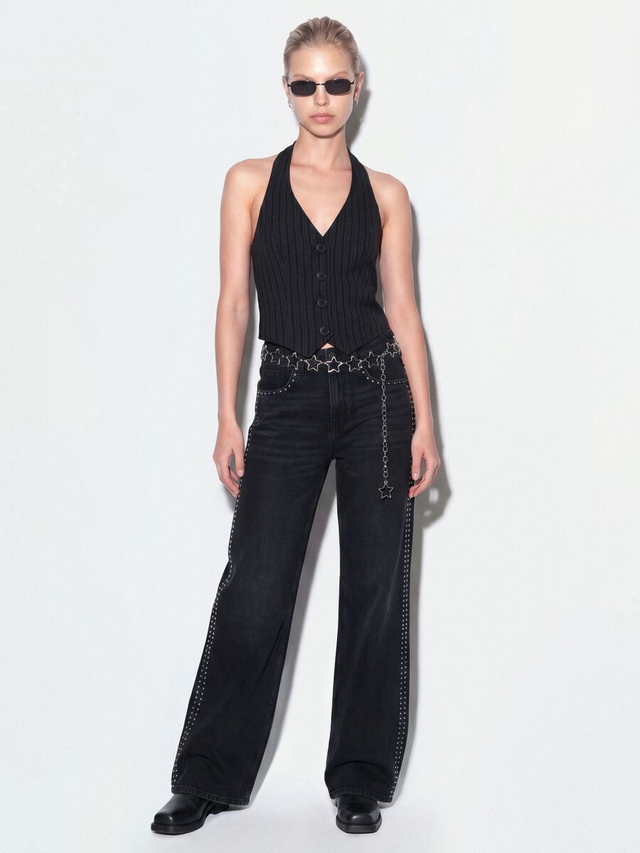 Black pure cotton wide-leg jeans with studs_0