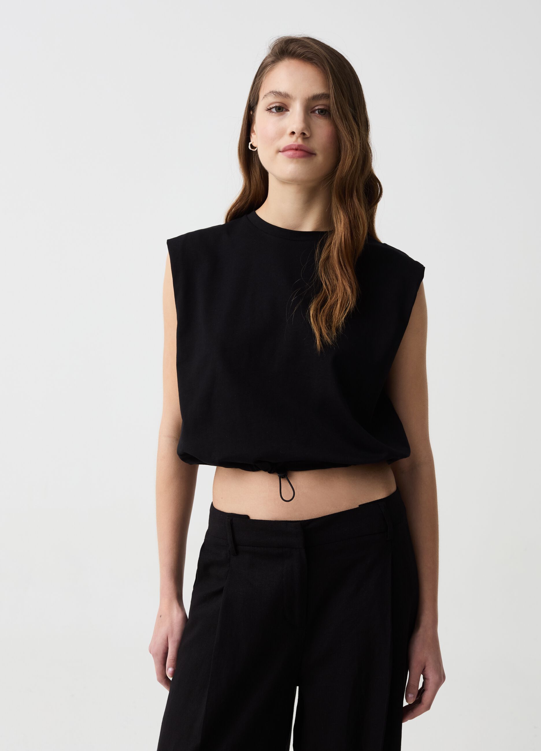 Boxy-fit crop T-shirt with drawstring