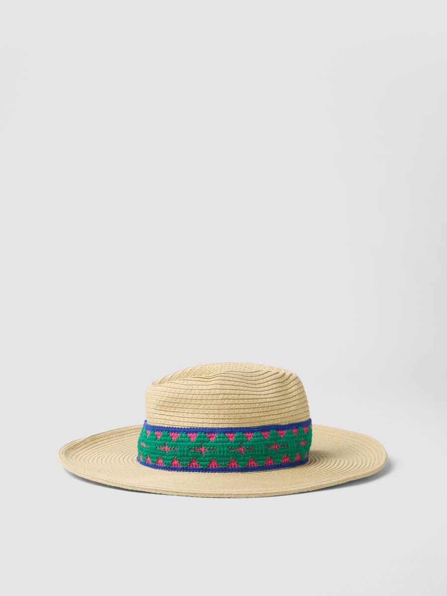 Beige Panama hat in pure paper fabric with multicolour band_0