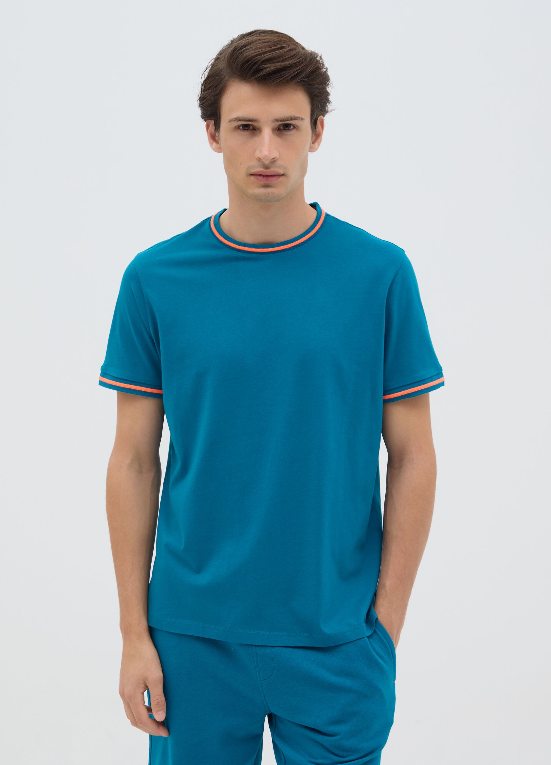 Men's pure cotton blue t-shirt regular fit with fluorescent details