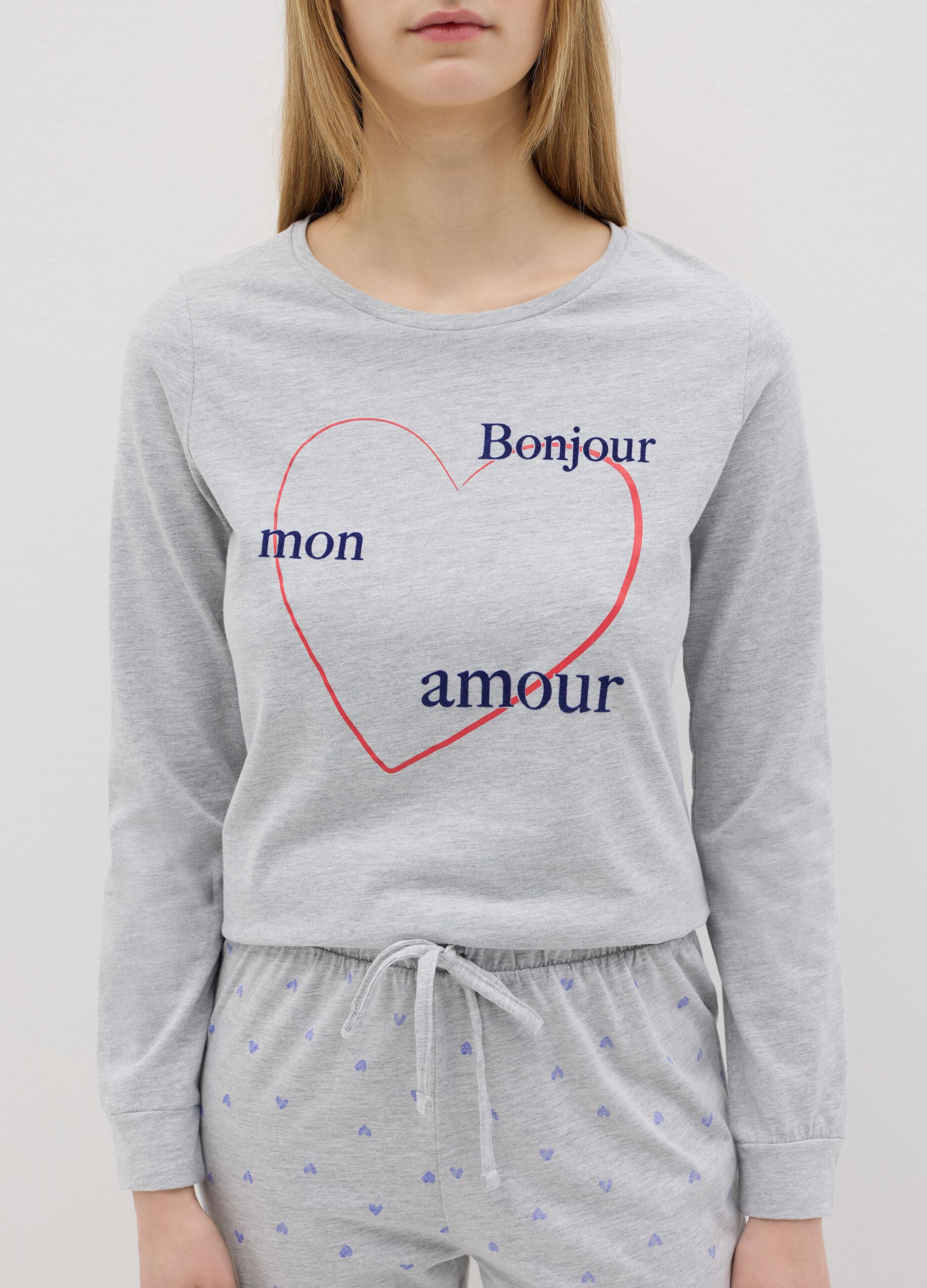 Grey 100% cotton pyjamas with "Bonjour Mon Amour" print