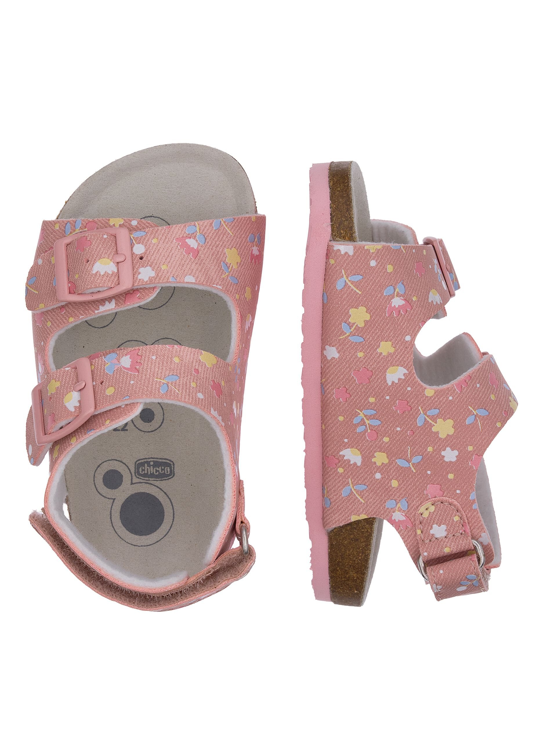 Pink children's sandals with velcro fastening and floral design