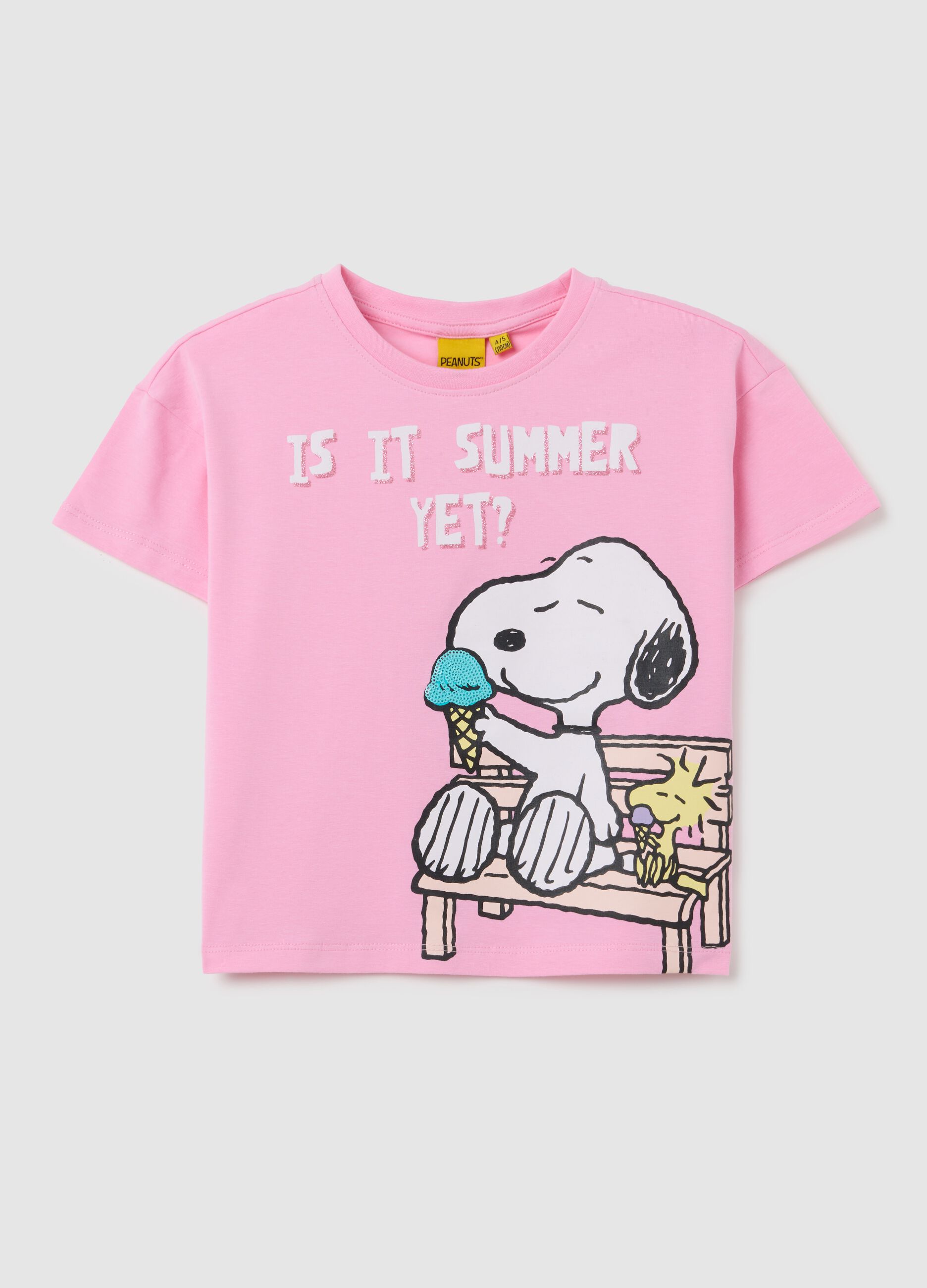 Girls' stretch cotton pink T-shirt with Snoopy print