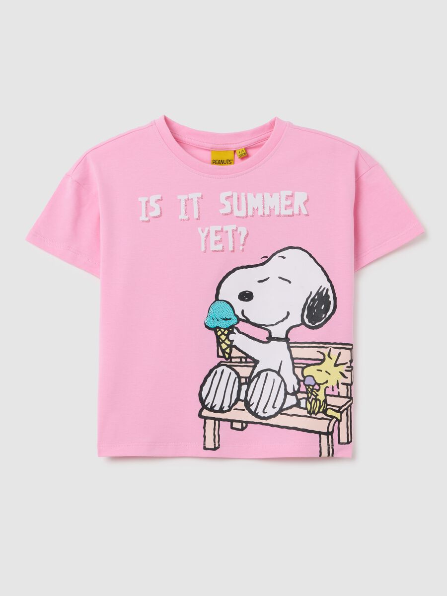 Girls' stretch cotton pink T-shirt with Snoopy print_0