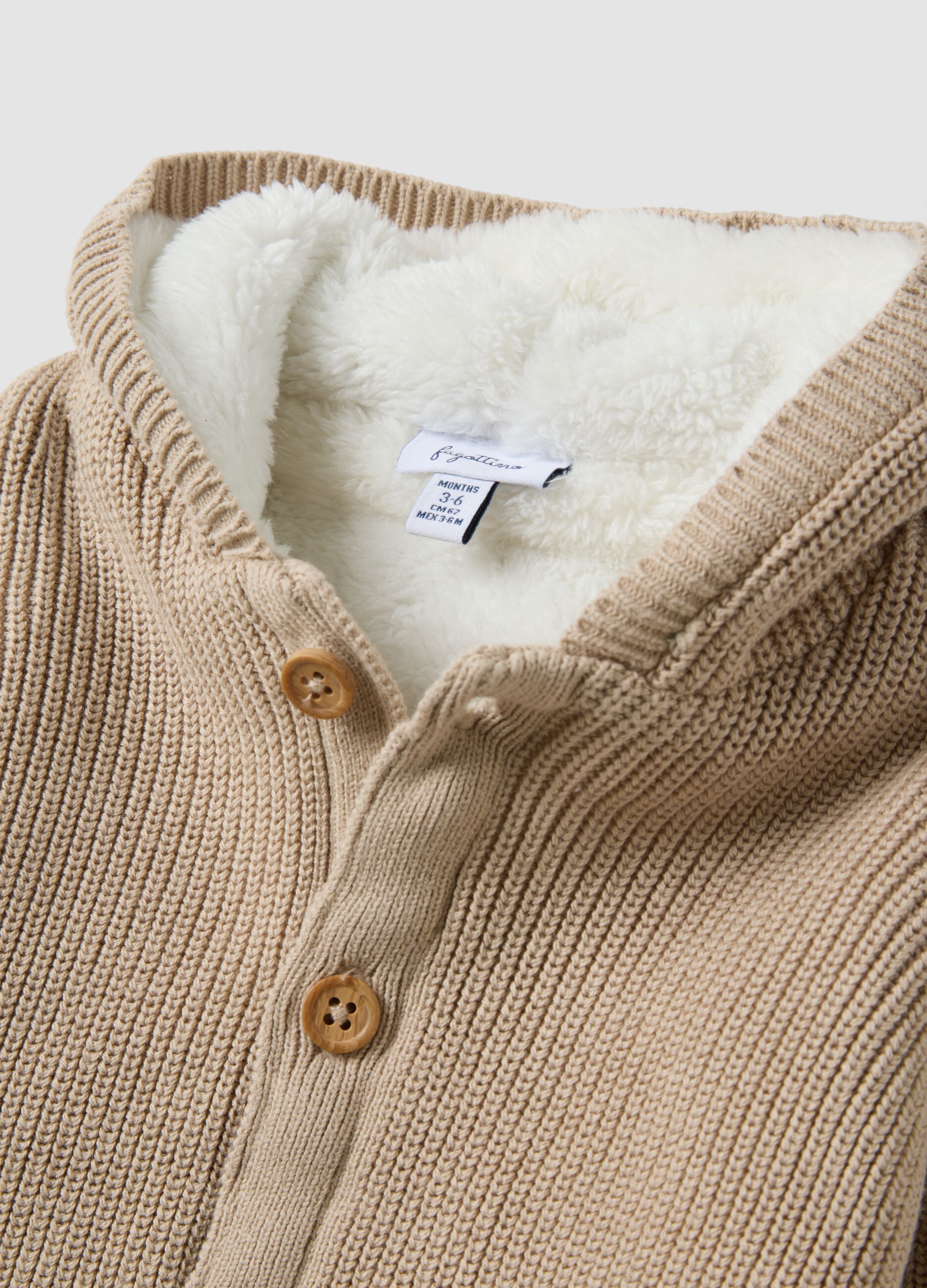 Beige organic cotton hooded jacket for babies