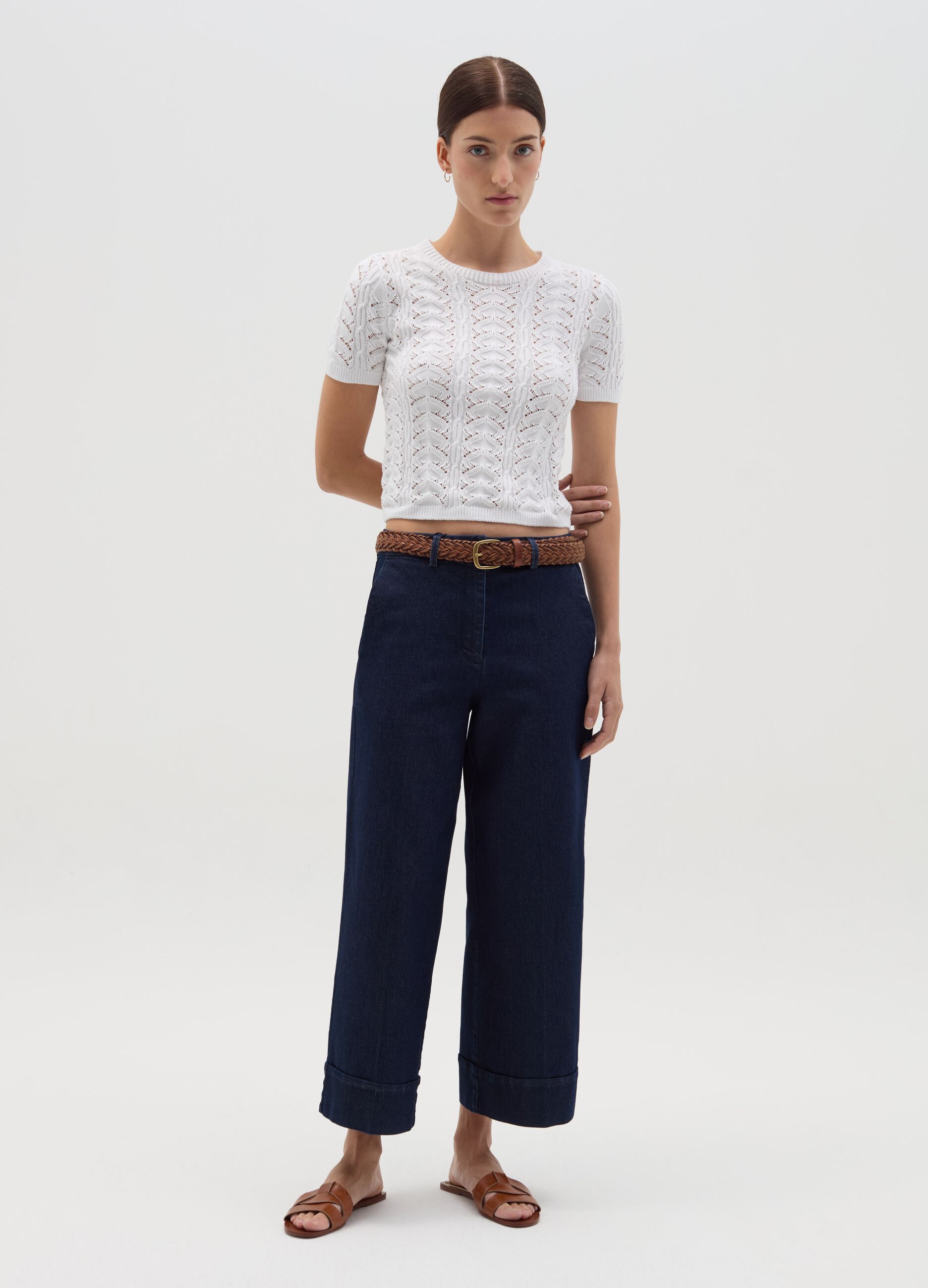 Fluid culotte trousers in denim with turn ups