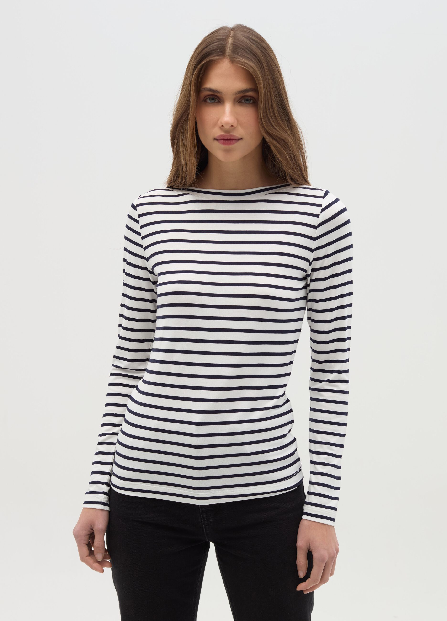 Striped T-shirt with boat neck