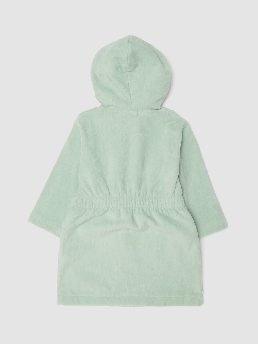 Accappatoio verde in cotone organico con cappuccio dinosauro per neonato e bimbo_1