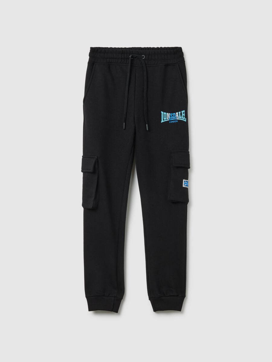 Children's black cotton blend trousers with cargo pockets_0