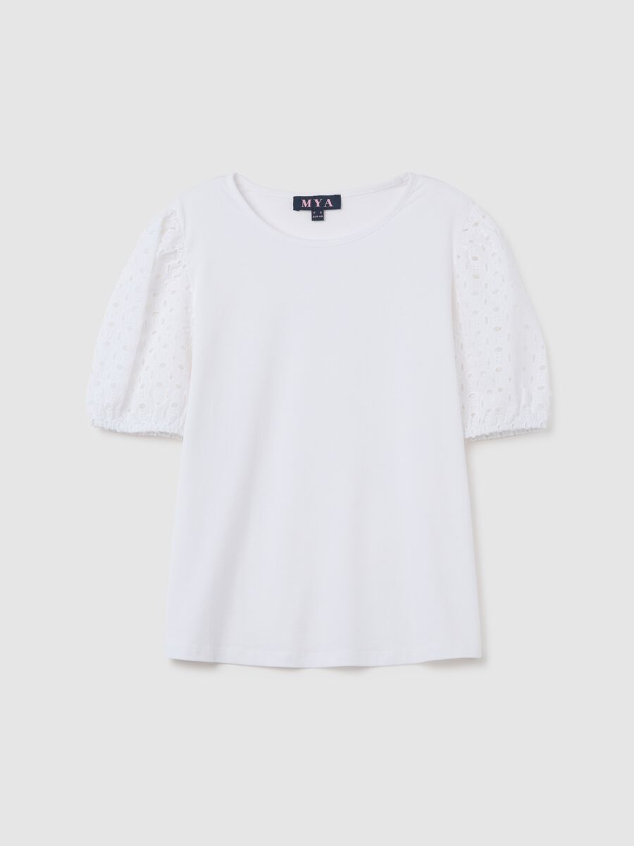 Women's white regular fit stretch cotton T-shirt with balloon sleeves_0