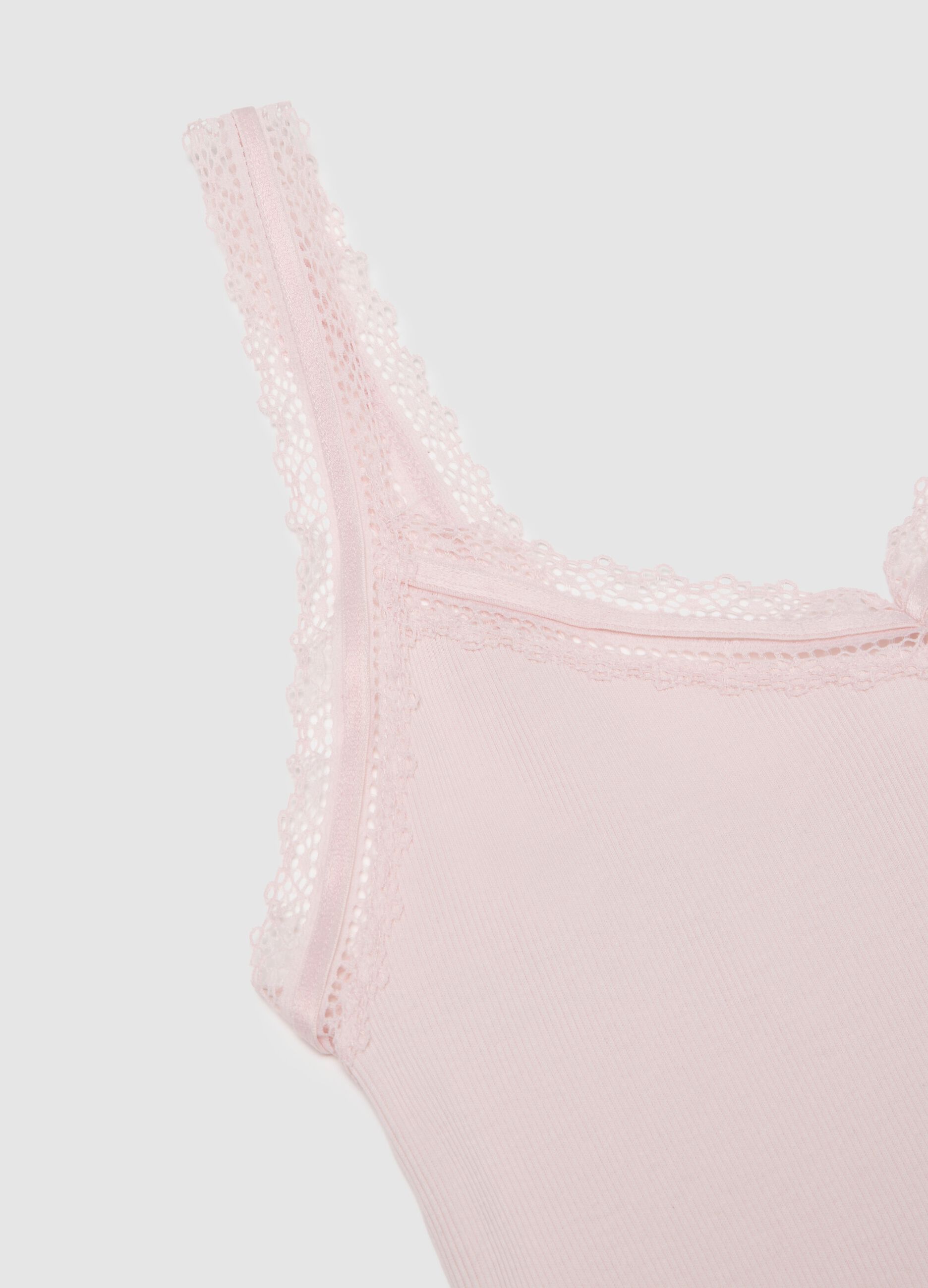 Canottiera in puro cotone rosa regular fit con bordo in pizzo