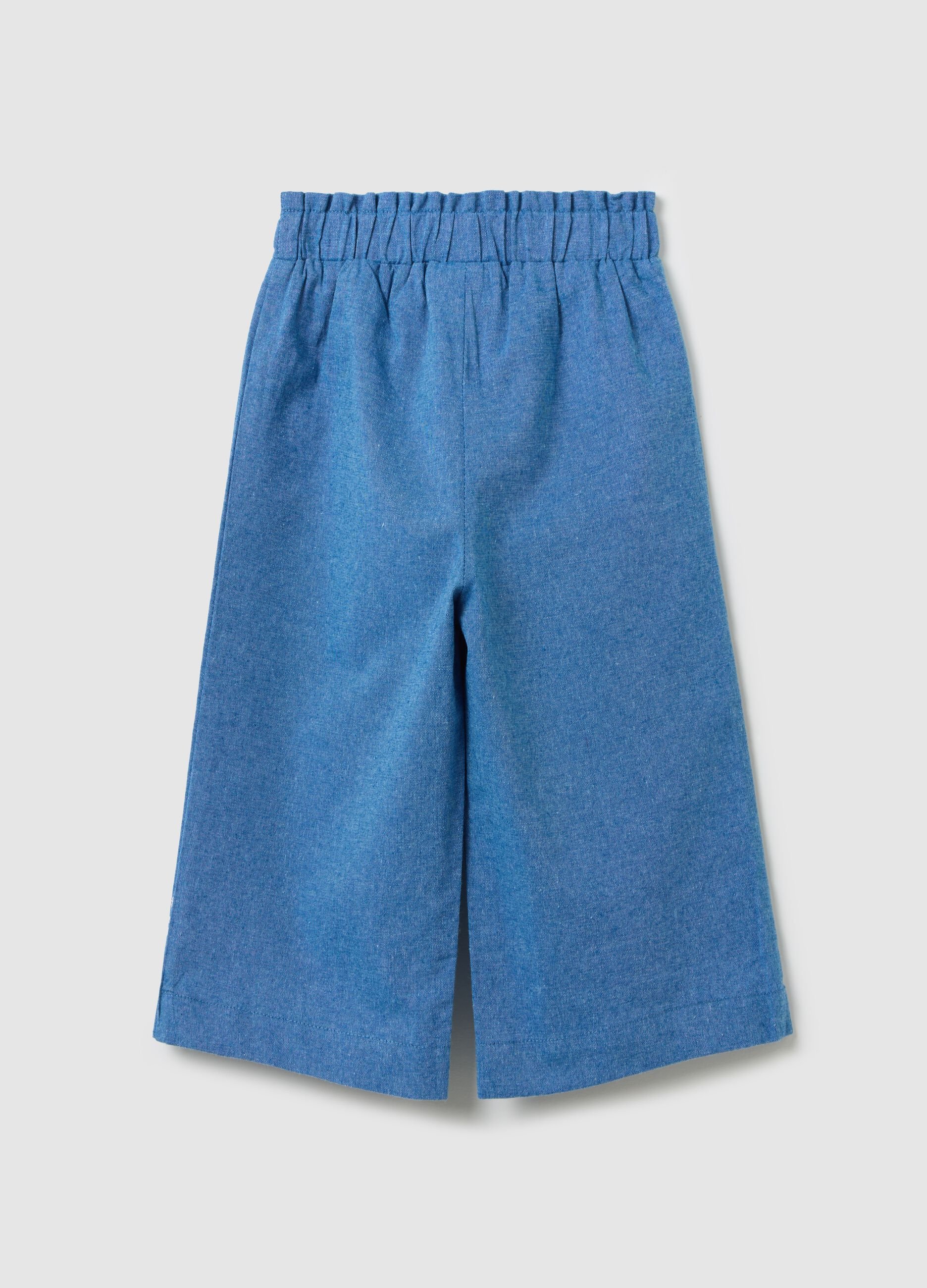 Wide-leg trousers in blue chambray with floral embroidery