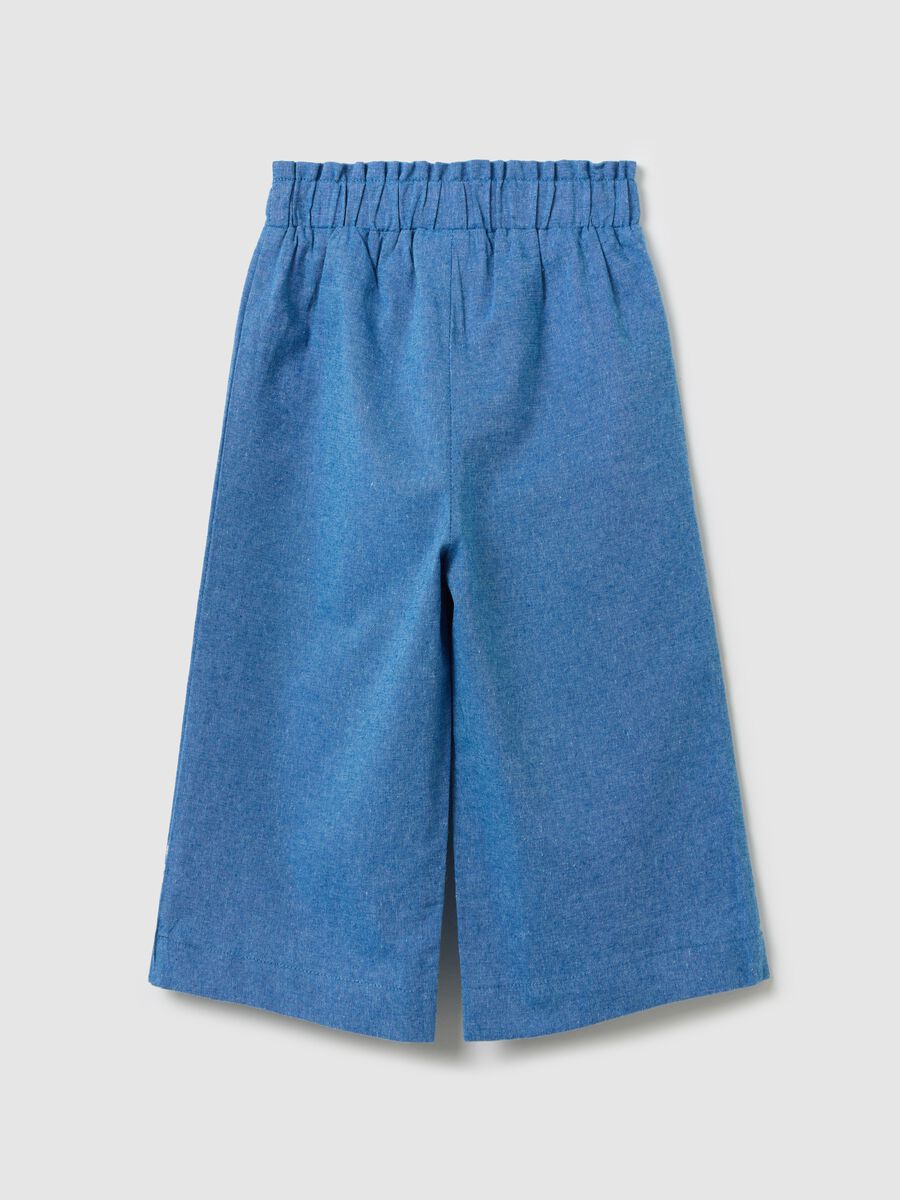 Wide-leg trousers in blue chambray with floral embroidery_1