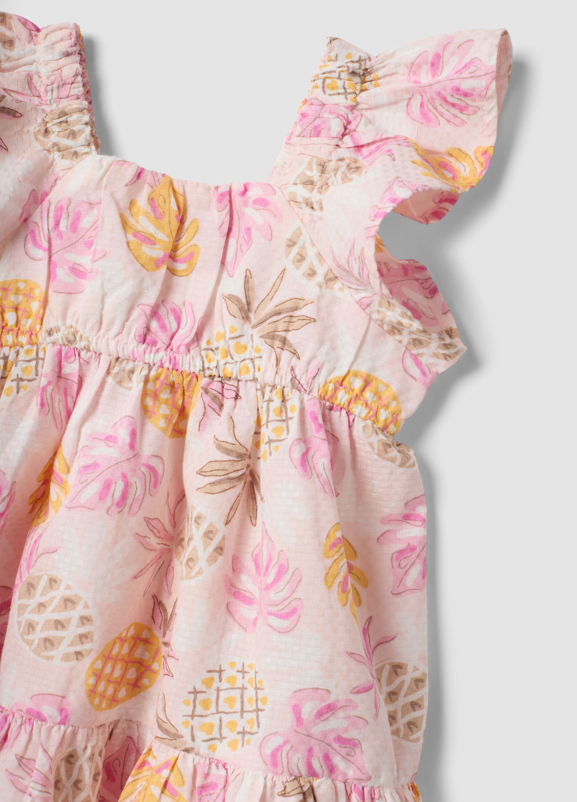 Pink pure cotton dress with tropical print
