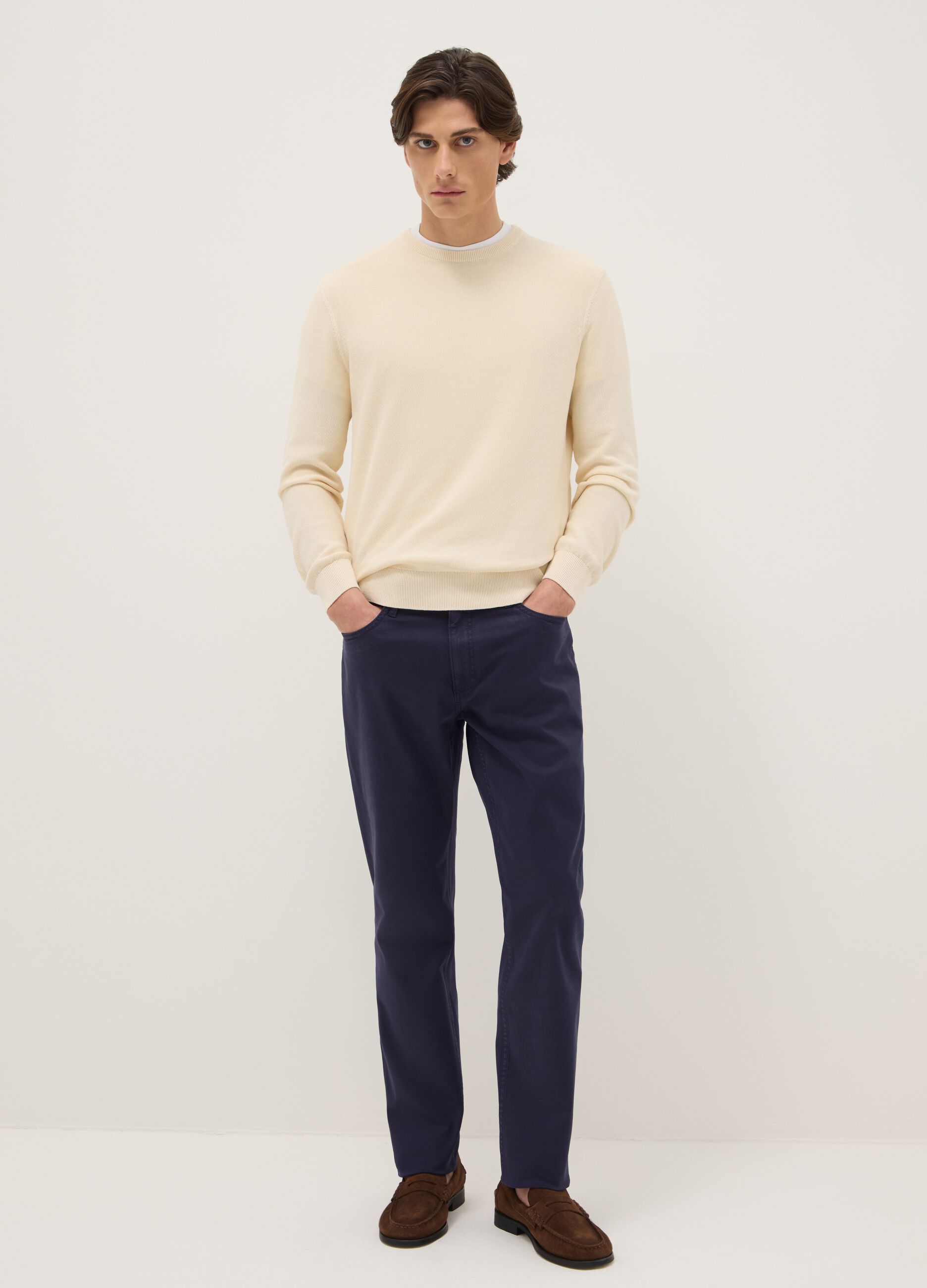 Slim Fit Elasticated Cotton Blue Trousers