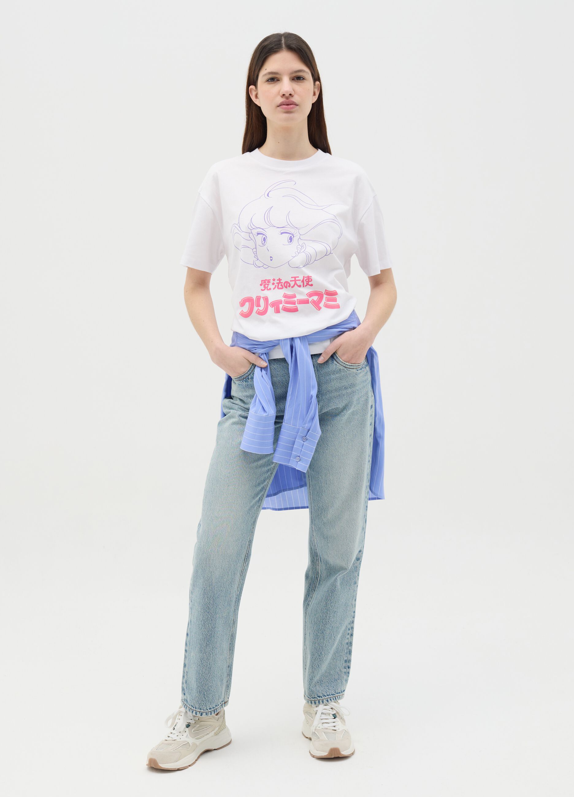 White T-shirt in cotton with Creamy Mami print