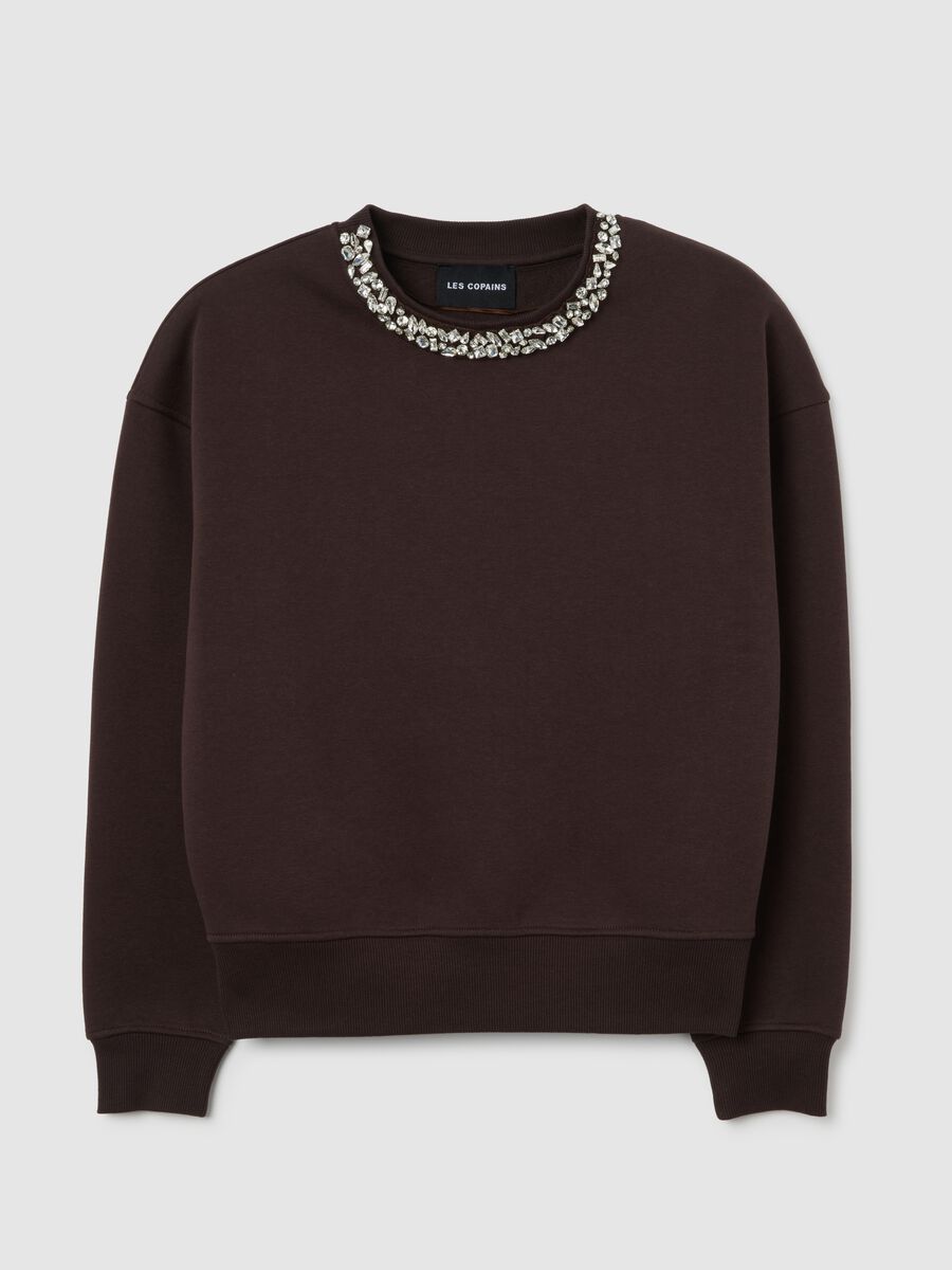 Felpa in misto cotone marrone regular fit con scollo rotondo decorato_4