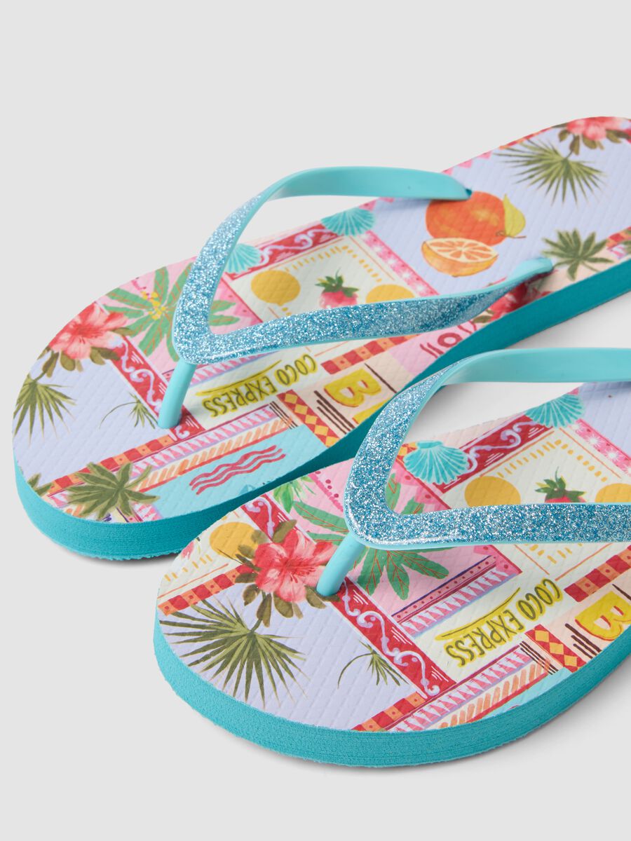 Blue multicolour tropical print flip-flops_1