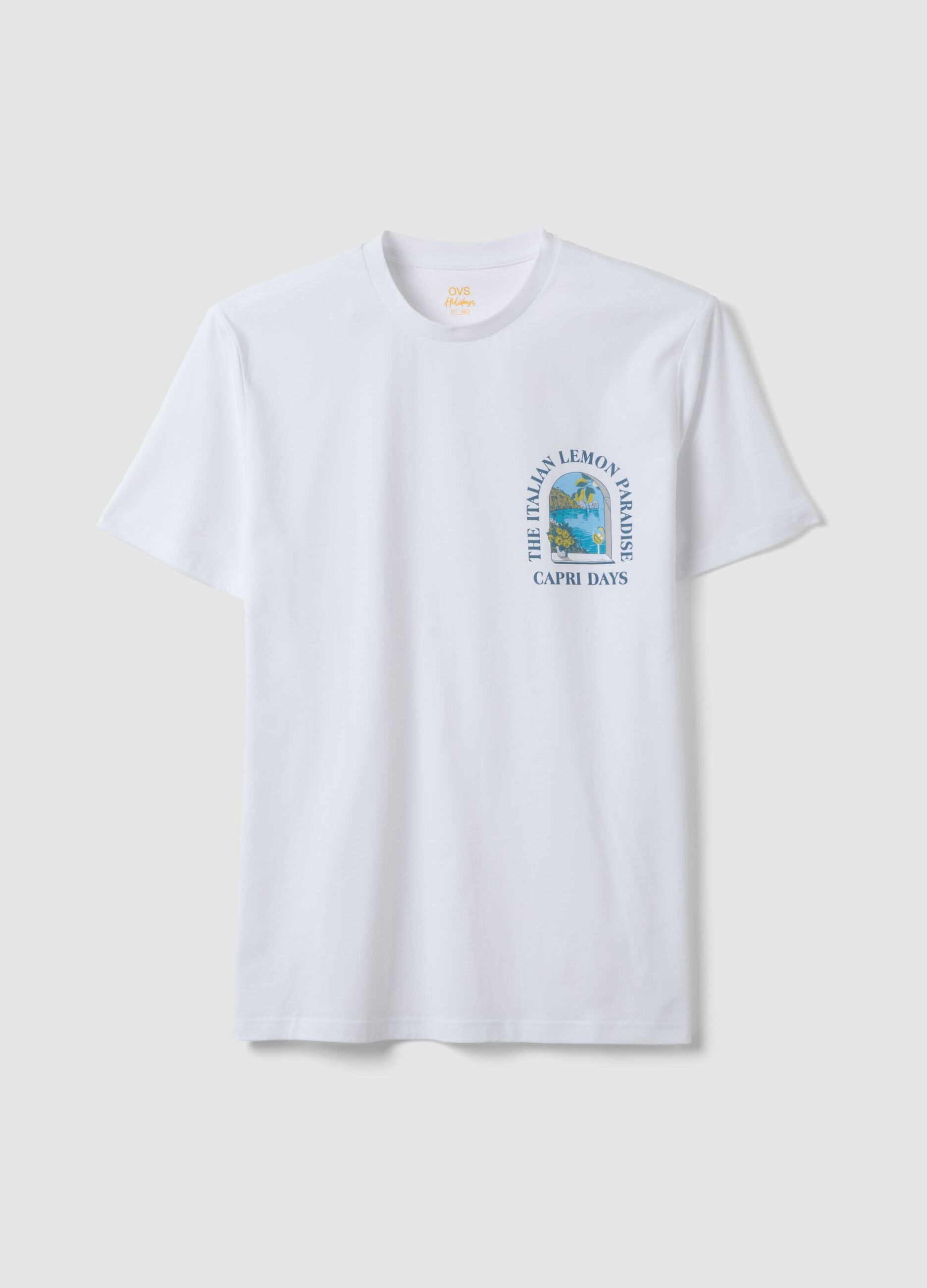 White pure cotton T-shirt with chest print, regular fit