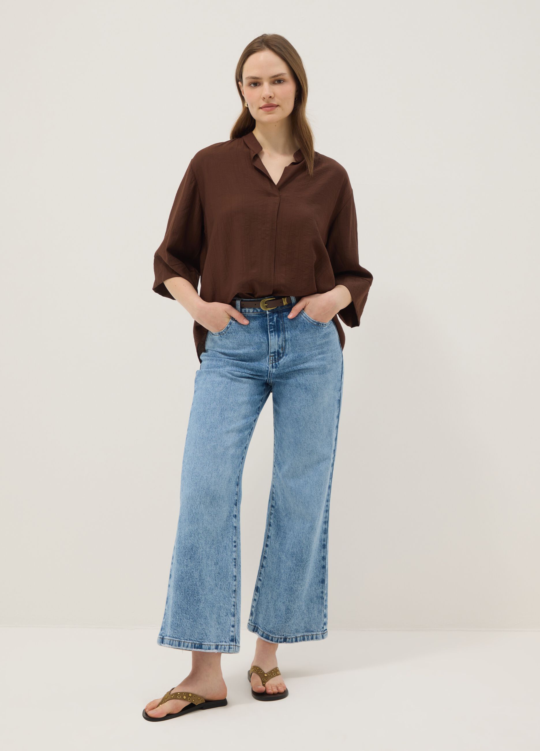 Brown viscose-blend regular-fit blouse with mandarin collar