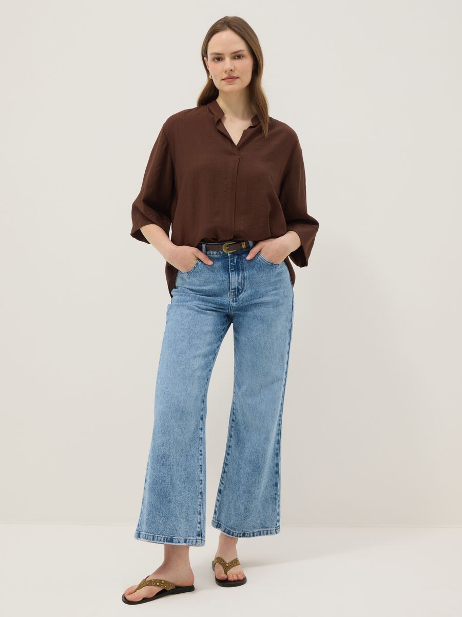 Brown viscose-blend regular-fit blouse with mandarin collar_1