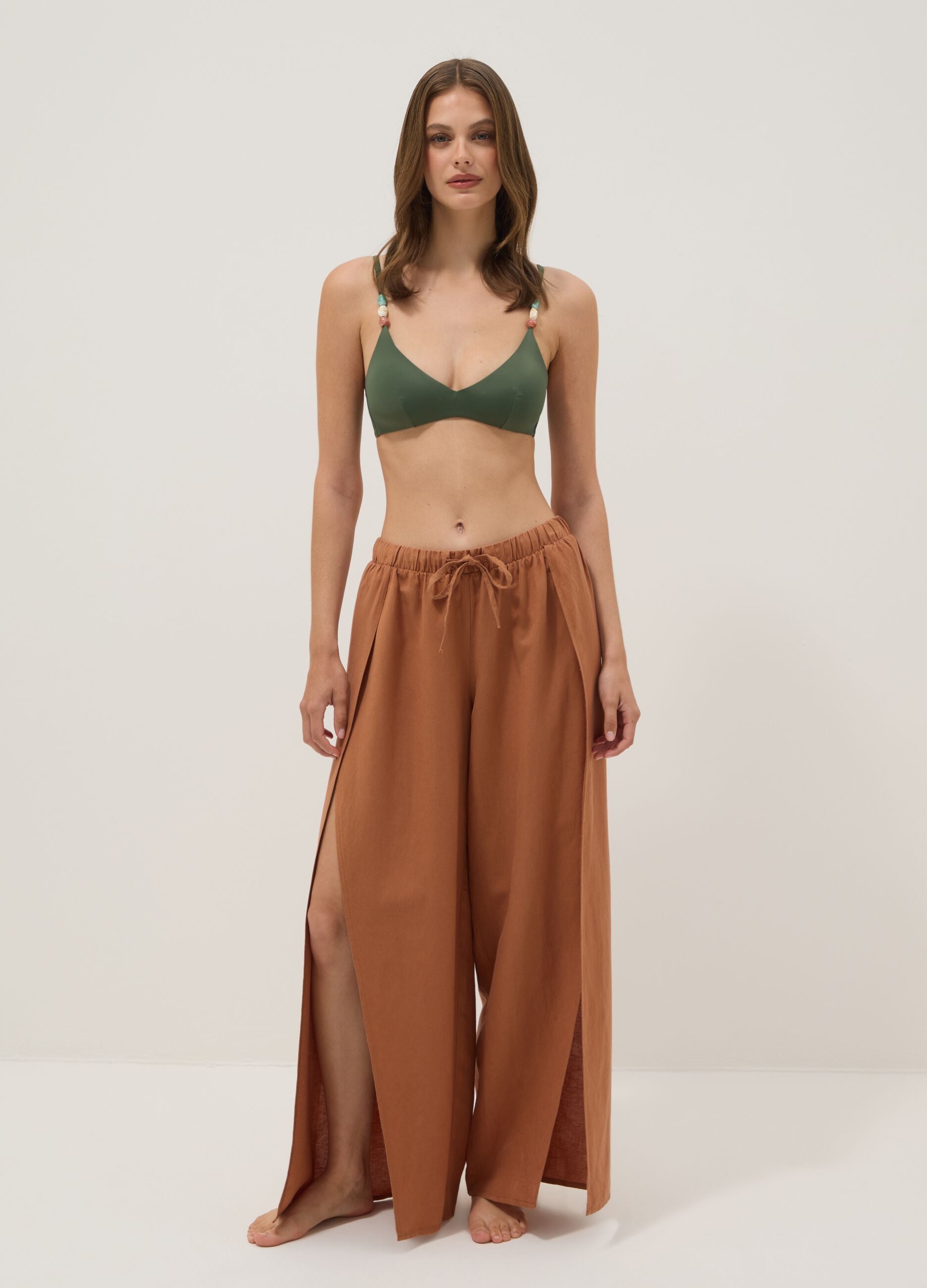 Pantaloni marroni in misto lino e viscosa wide leg
