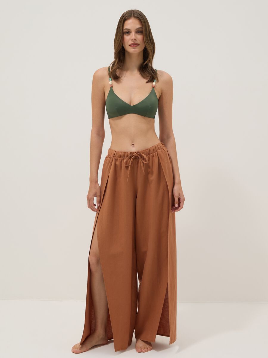 Brown wide-leg linen and viscose-blend trousers_0