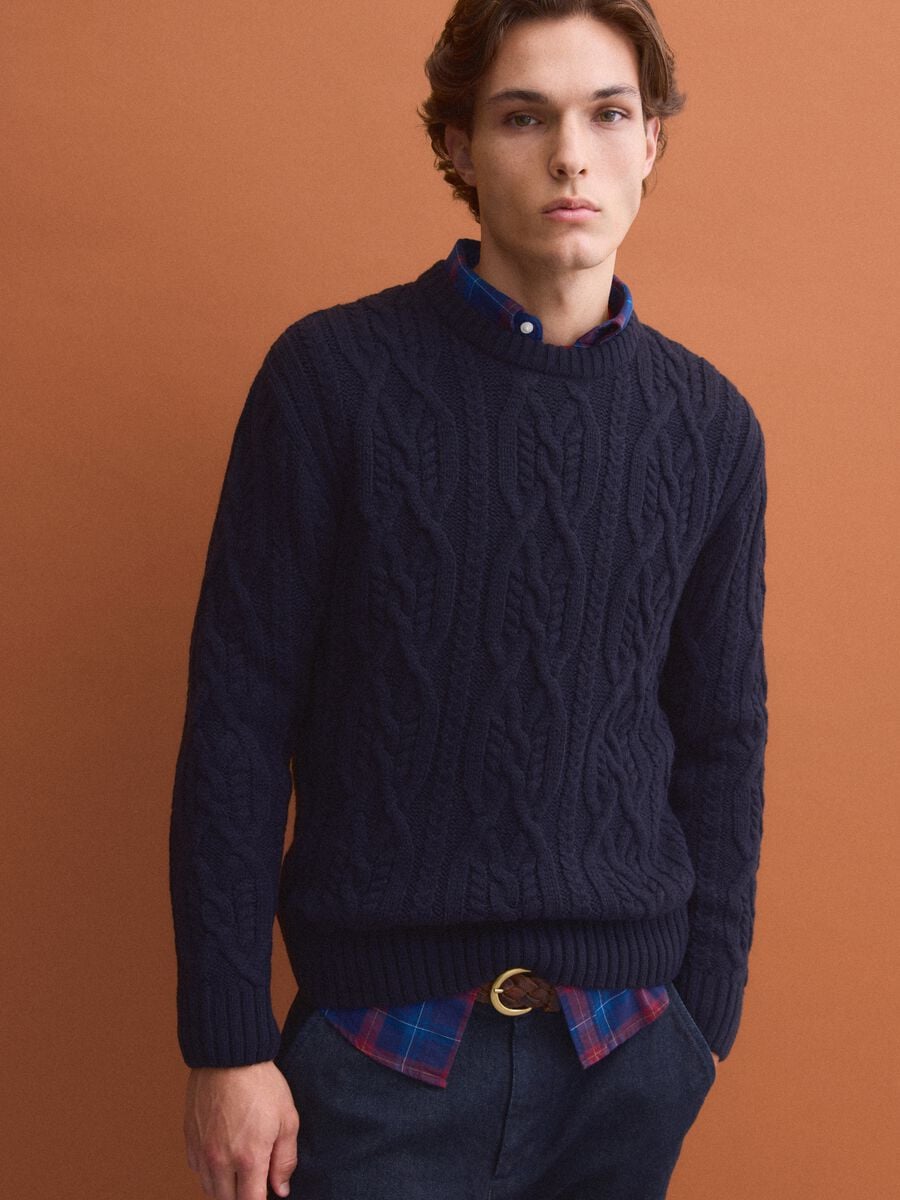 Maglia blu in misto lana jacquard regular fit_0