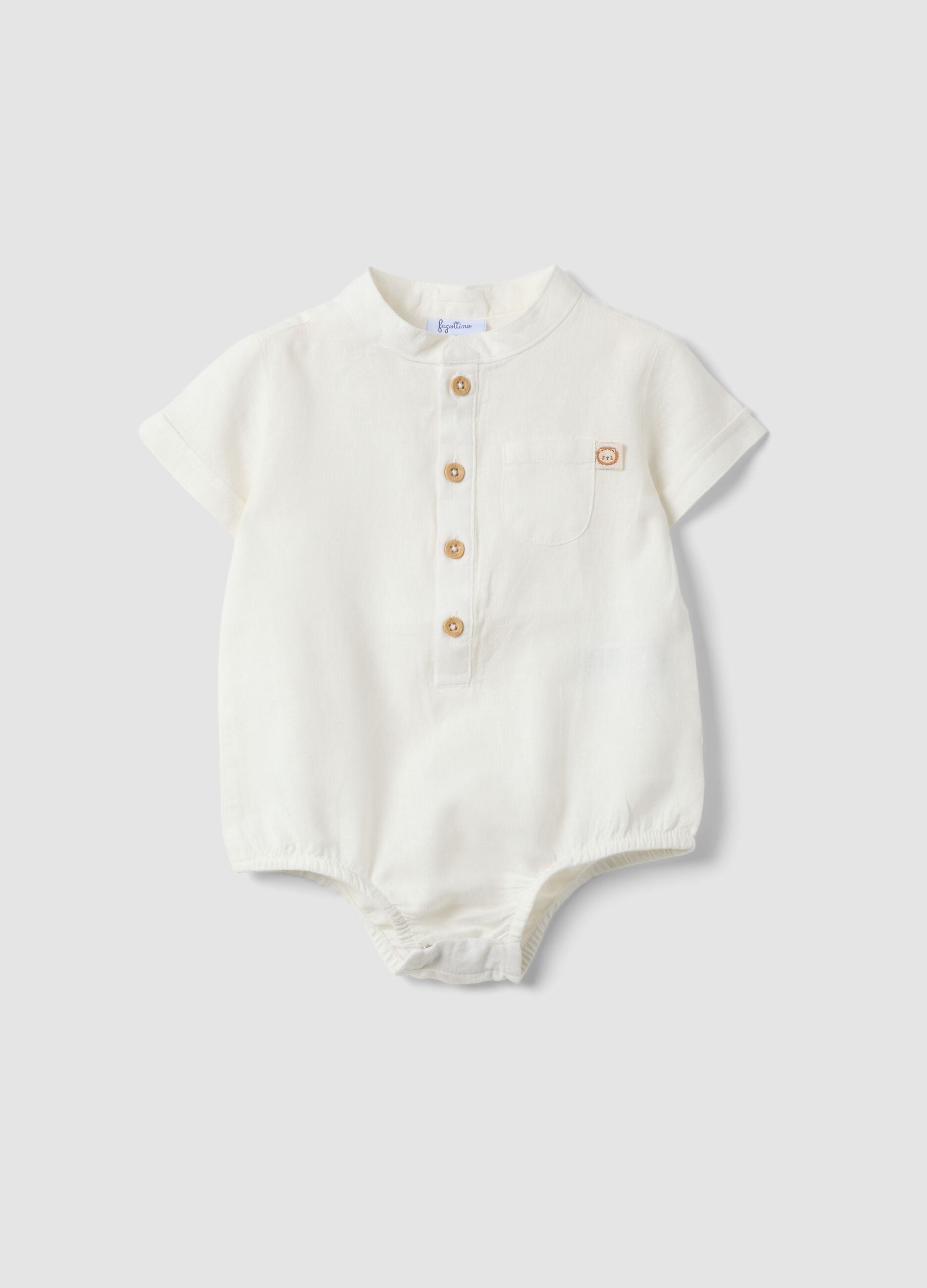 White linen and viscose blend baby bodysuit with mandarin collar