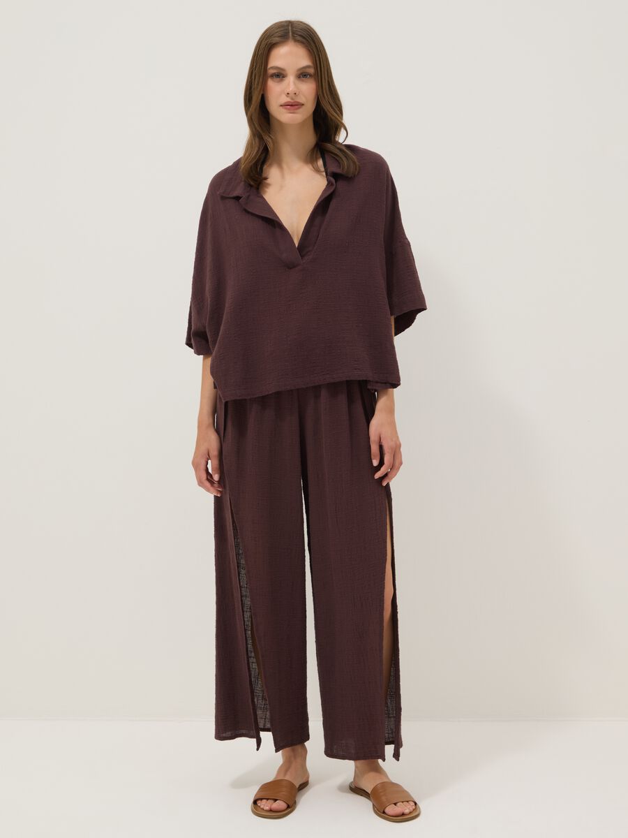 Short brown pure cotton kaftan with V-neck_0