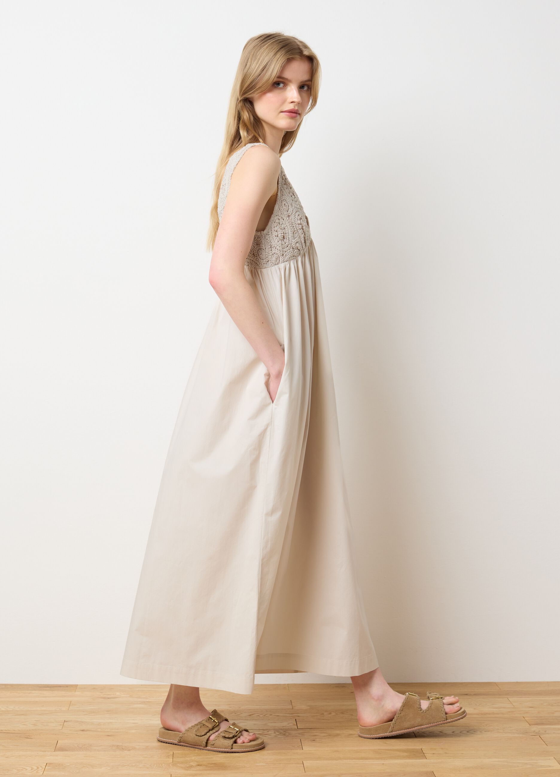 Women's long beige pure cotton dress over