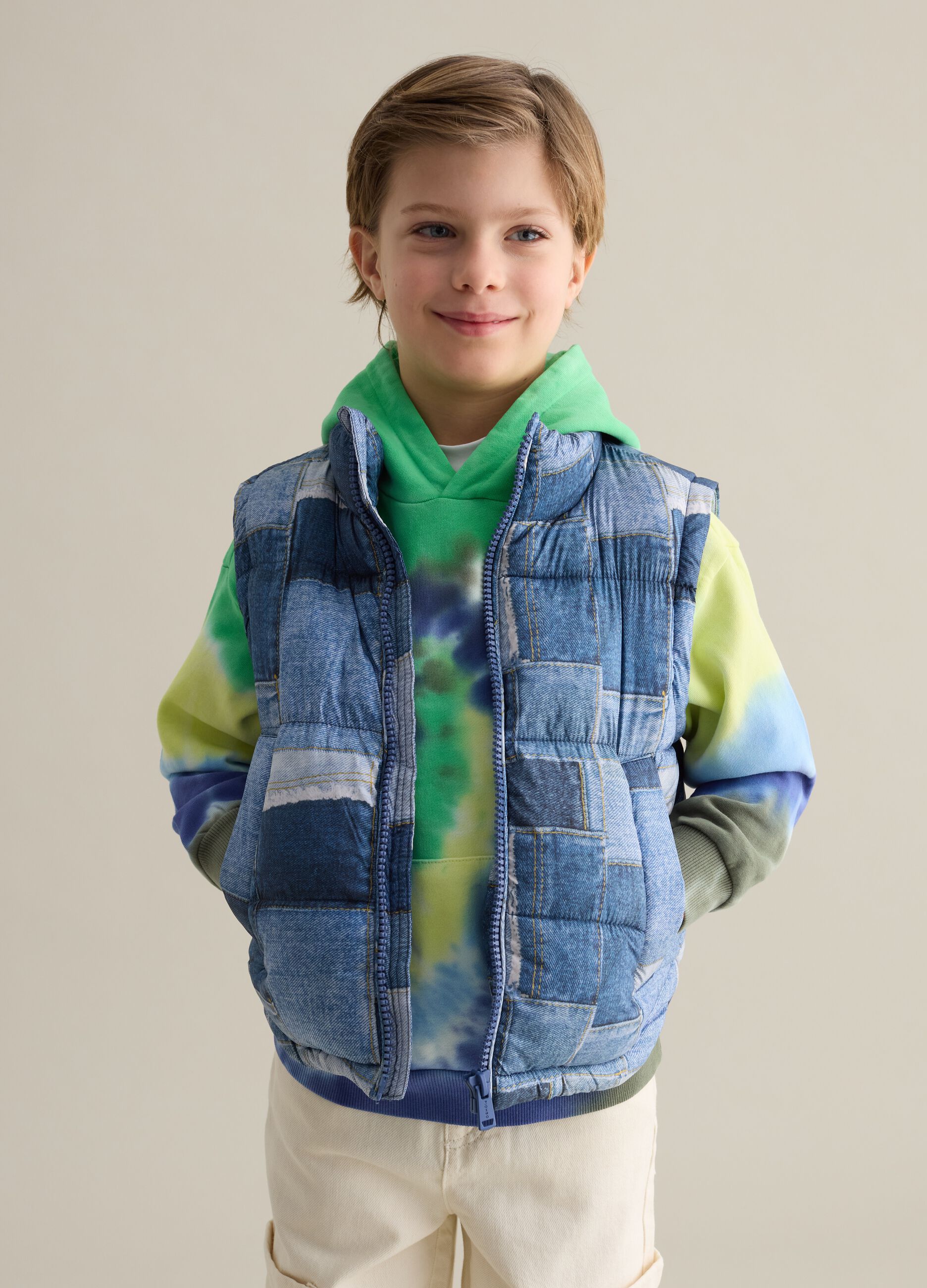 Padded gilet with denim-effect print