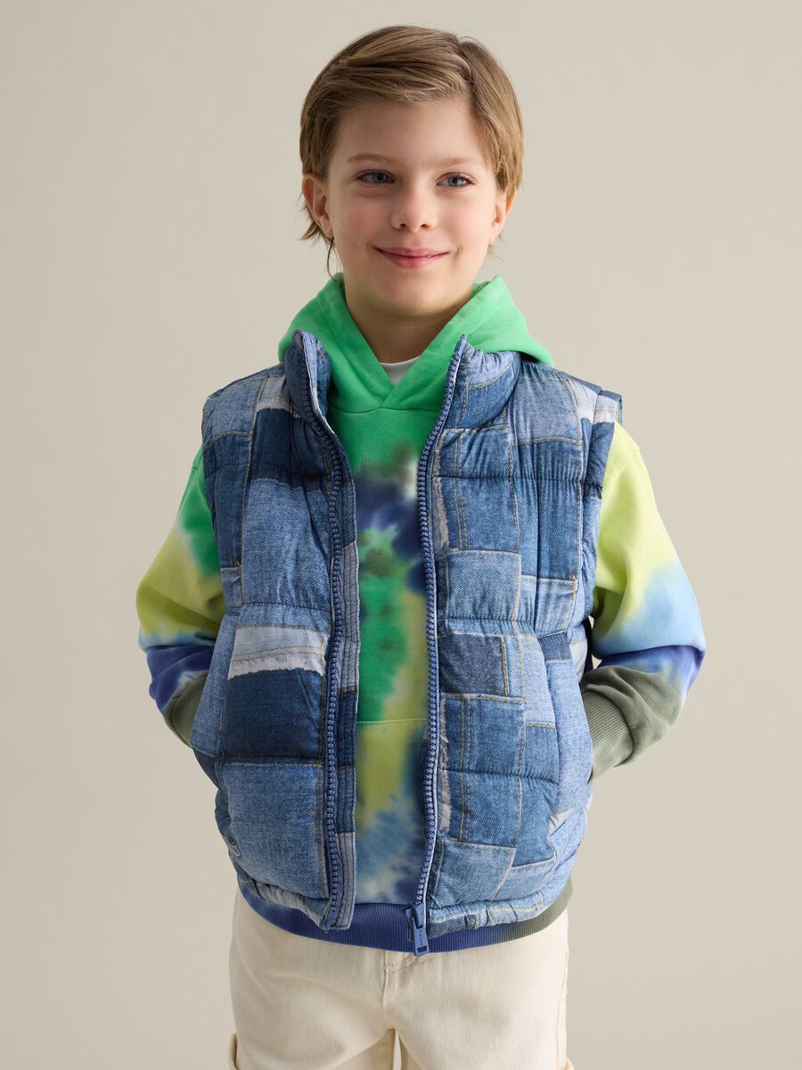 Padded gilet with denim-effect print_0