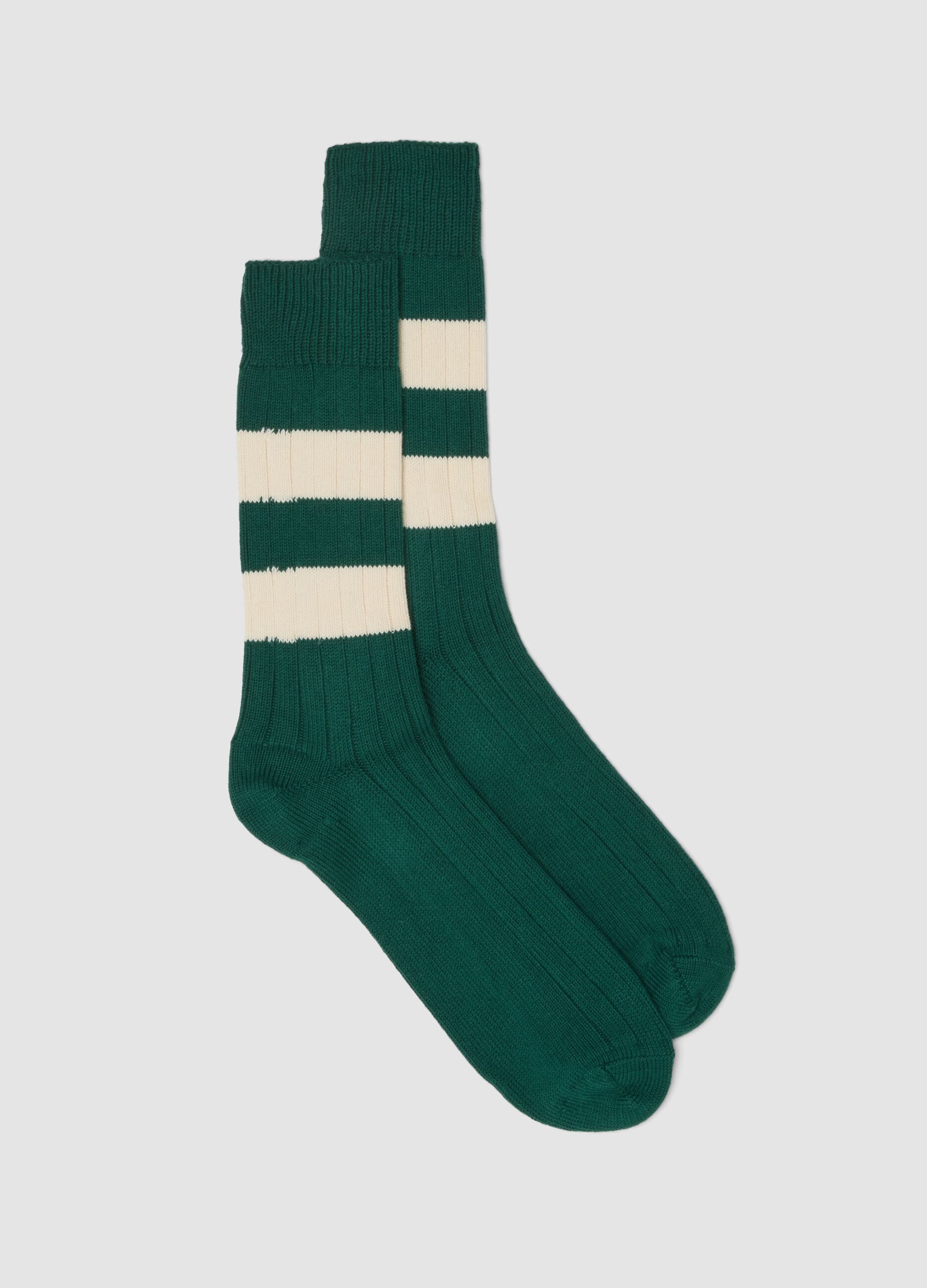 Green stretch cotton-blend tennis socks with stripes