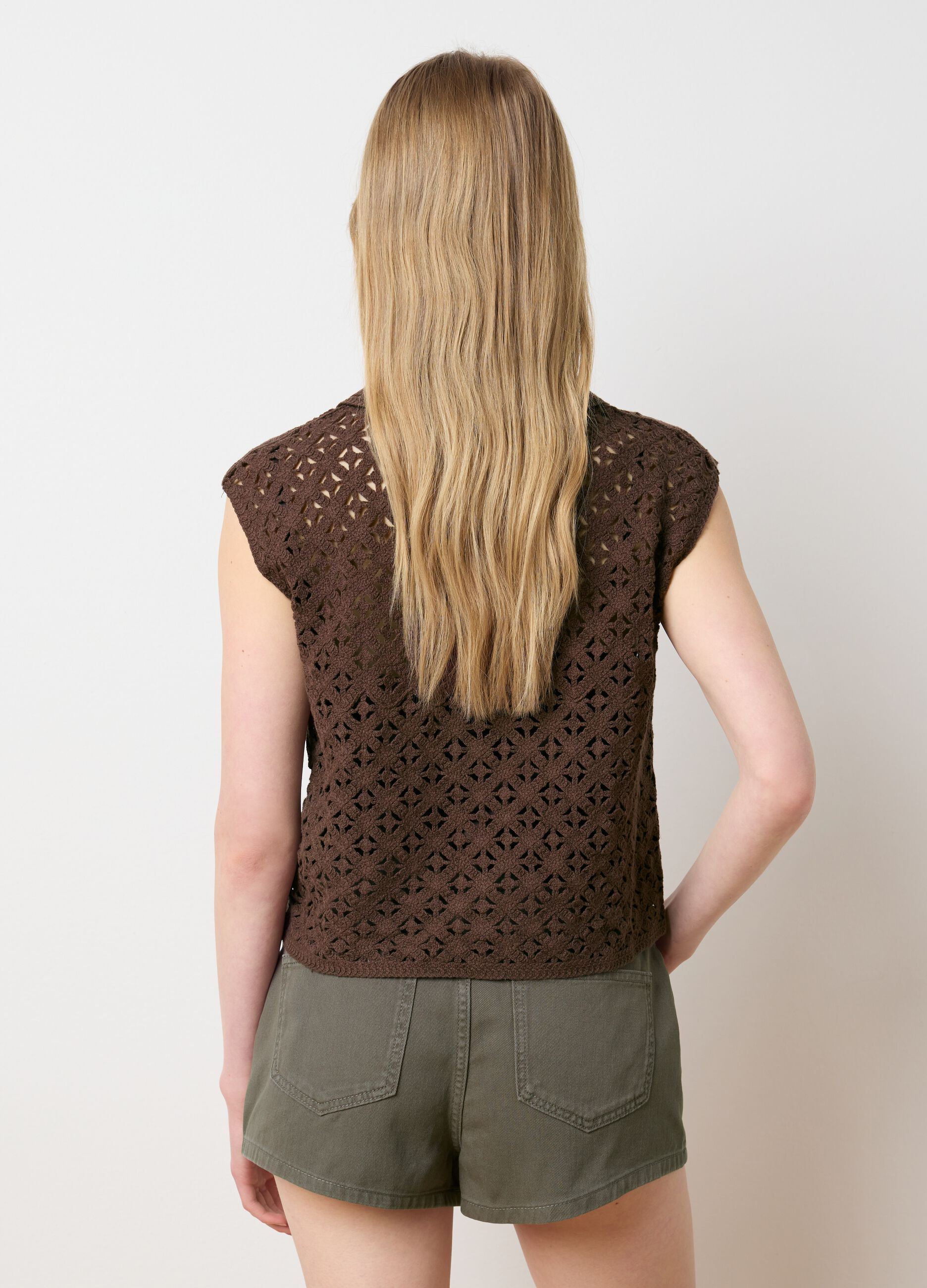 Brown cotton blend fitted women's top with sequins