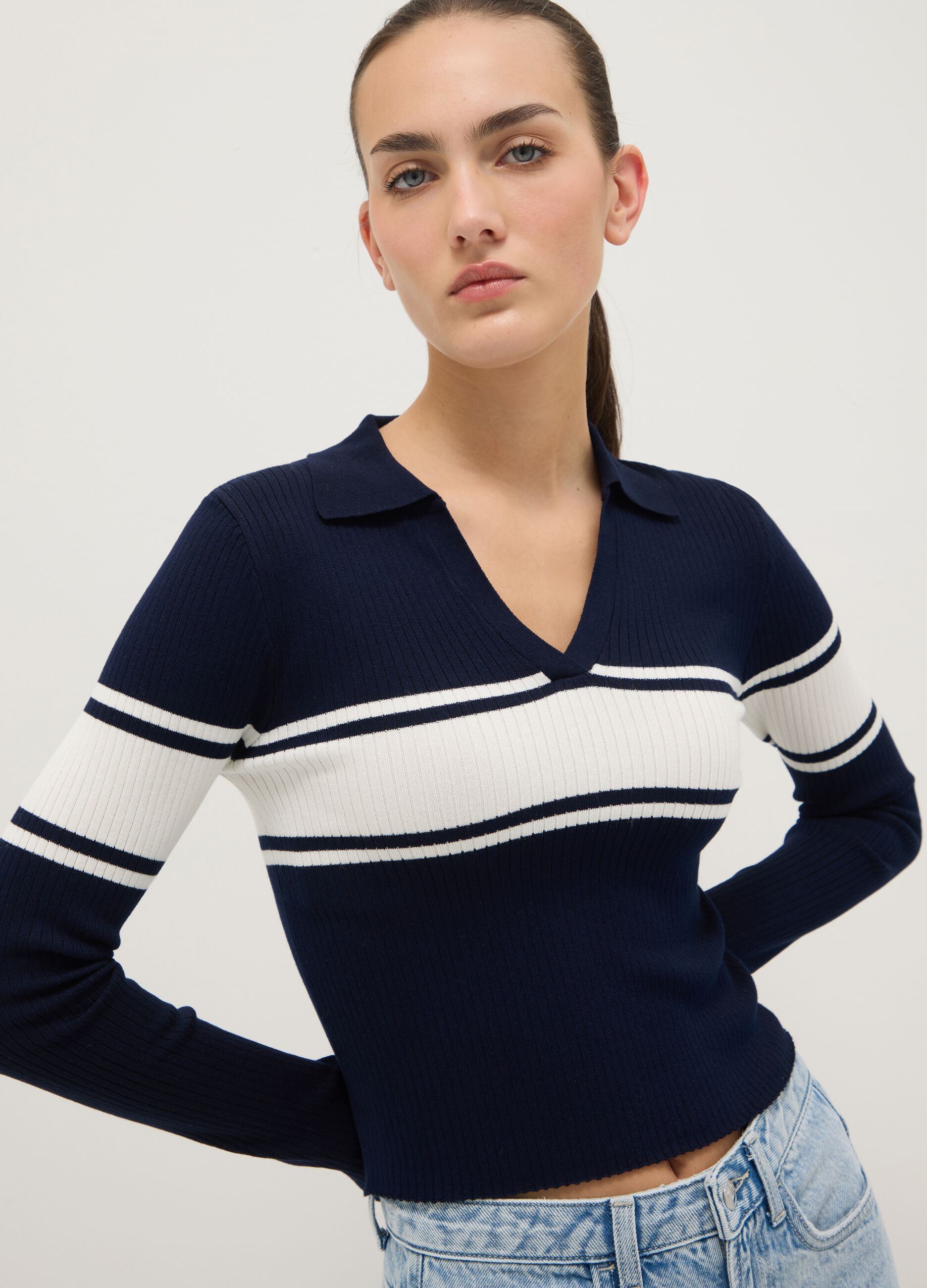 Blue sweater with polo collar in viscose blend