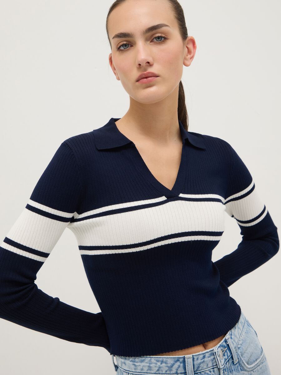 Blue sweater with polo collar in viscose blend_0