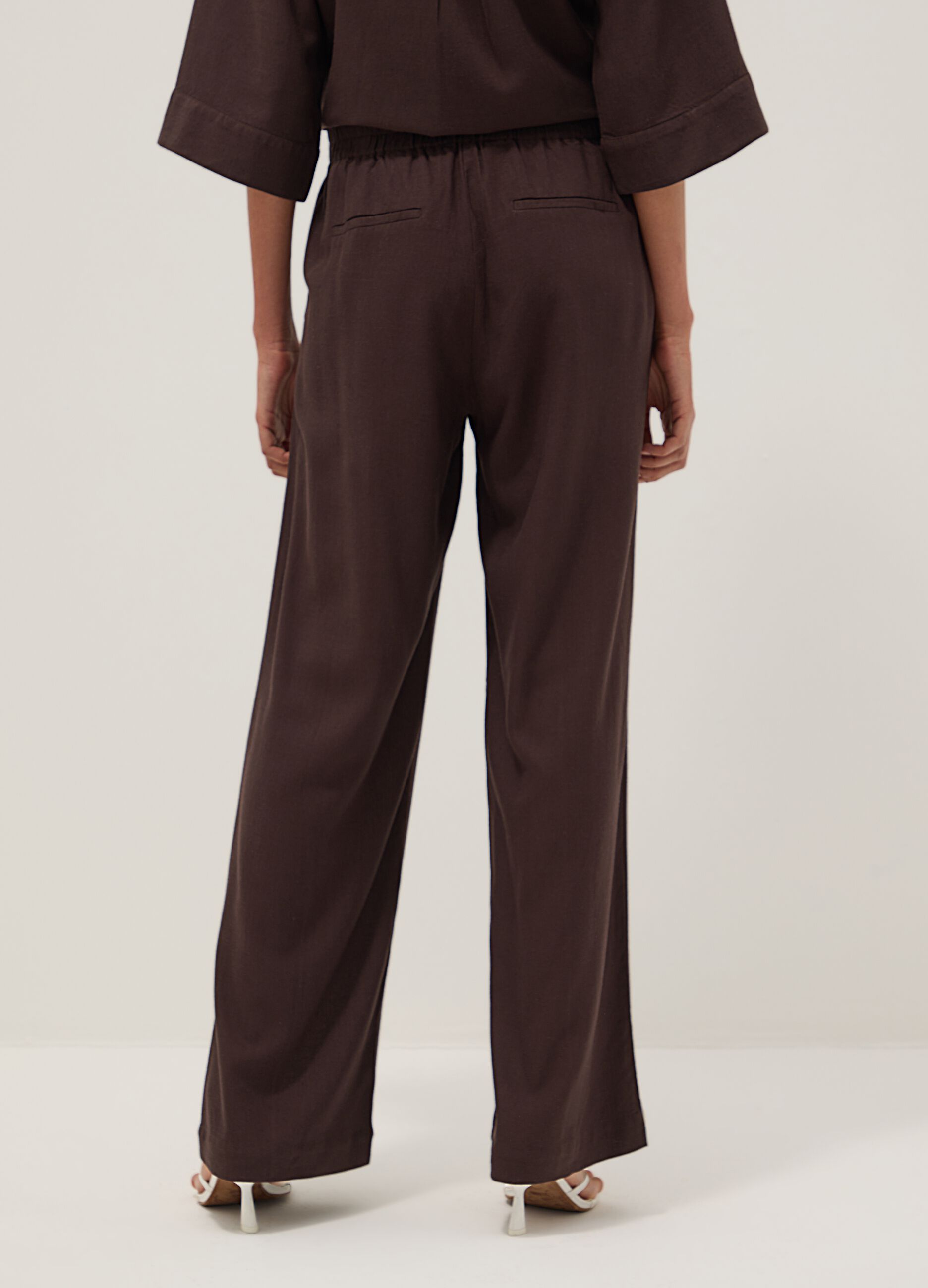 Brown viscose and linen-blend straight-fit trousers