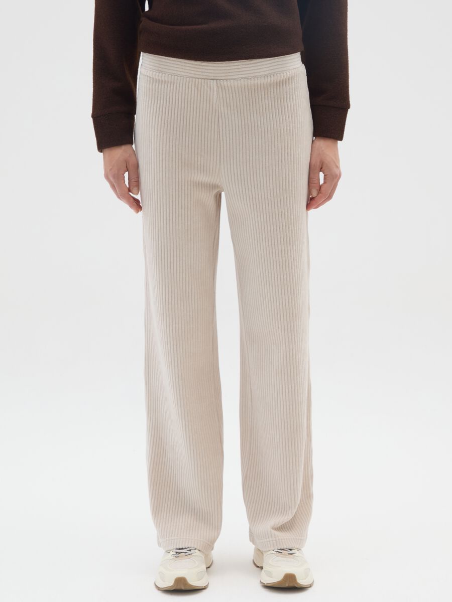 Beige wide leg stretch cotton trousers_1