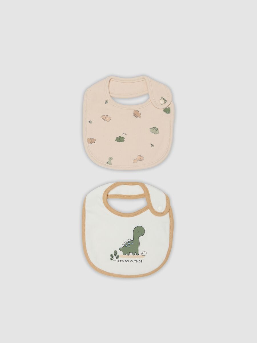 Bipack di bavaglini beige in puro cotone organico con stampa dinosauri_0