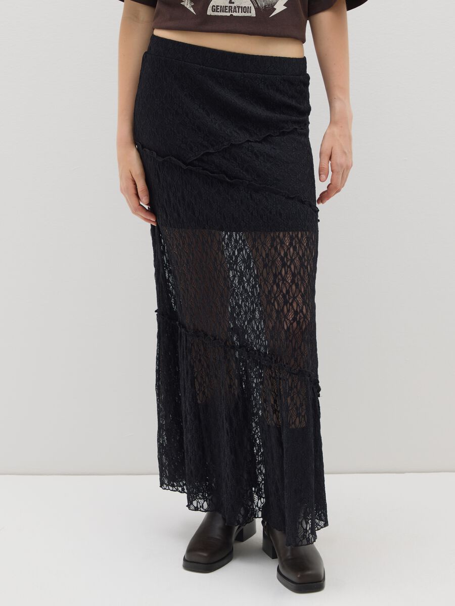 Long black lace skirt with asymmetric design_1