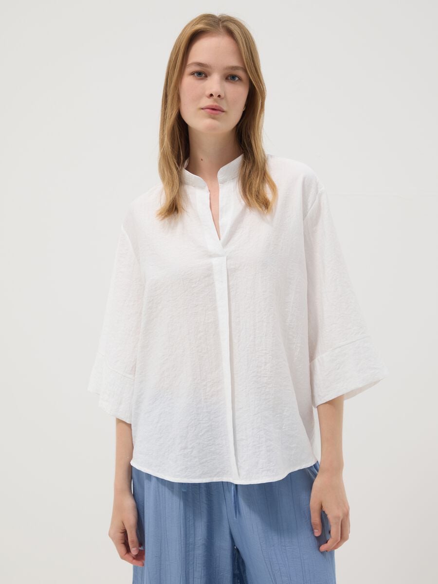 Camicia bianca in misto viscosa con collo alla coreana_1