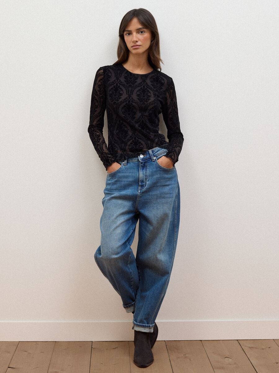 Black regular-fit T-shirt in sheer stretch fabric with pattern_2