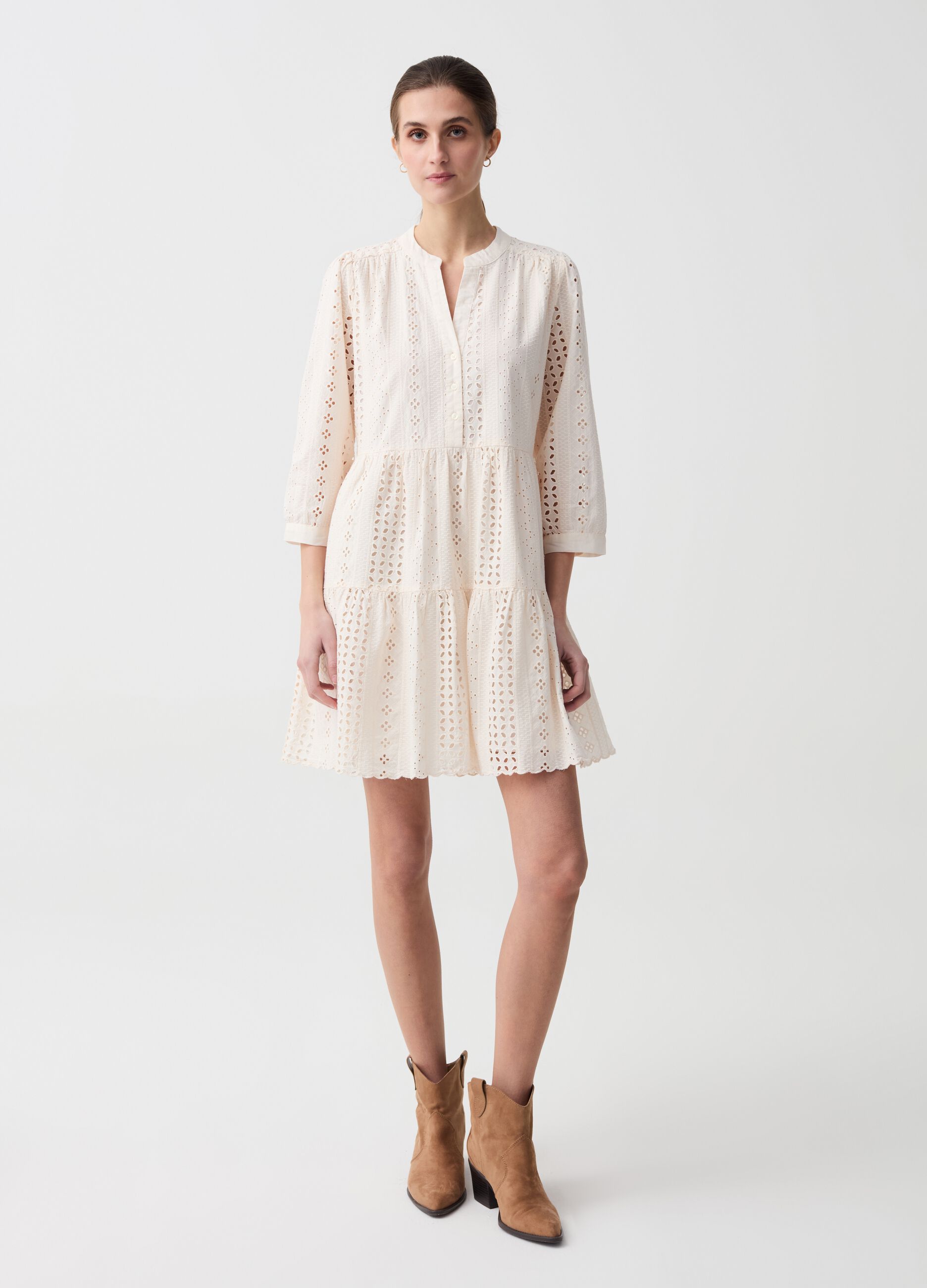 Shirt dress in broderie anglaise with flounces
