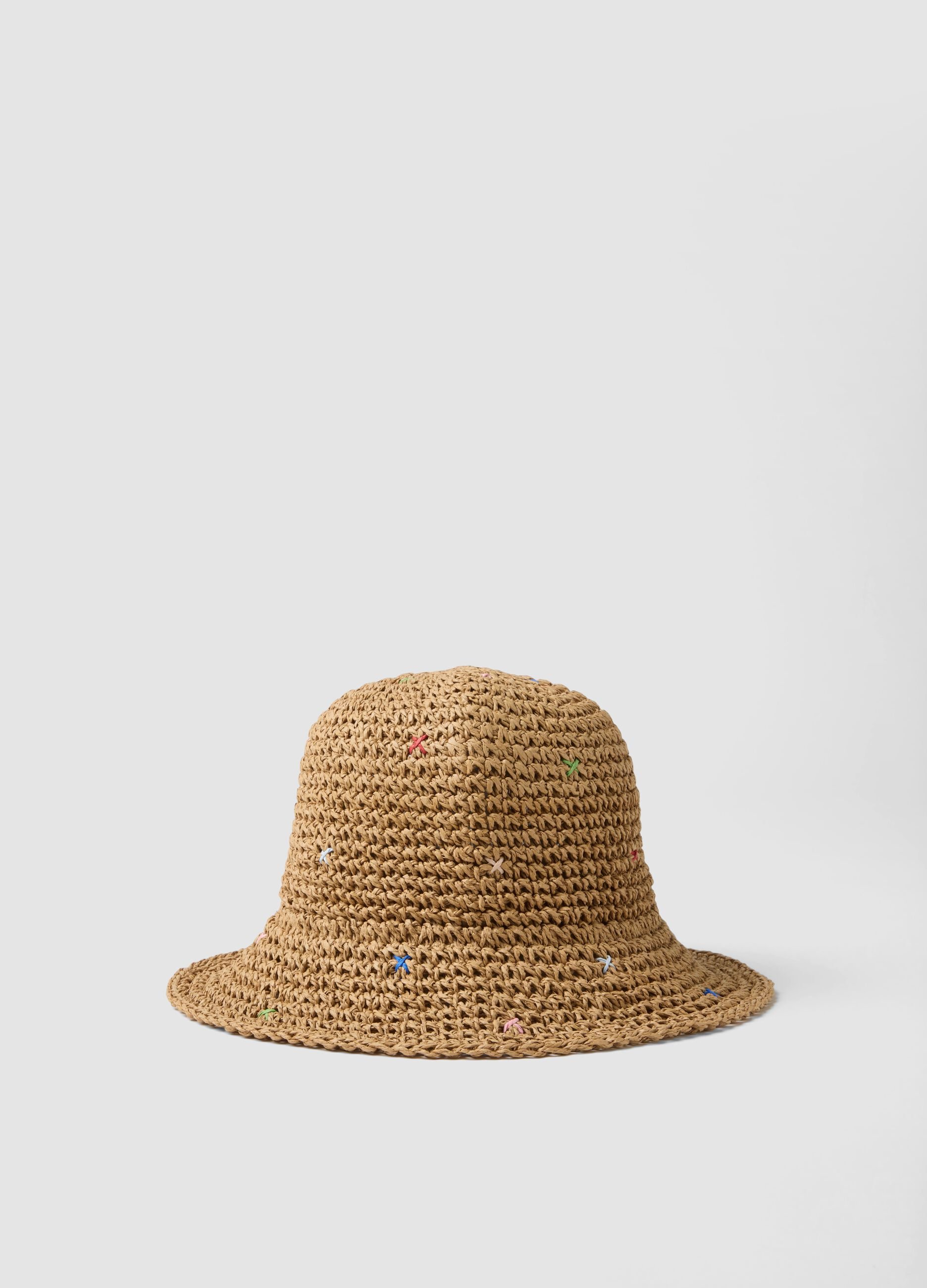 Beige pure paper-fabric hat with coloured threads