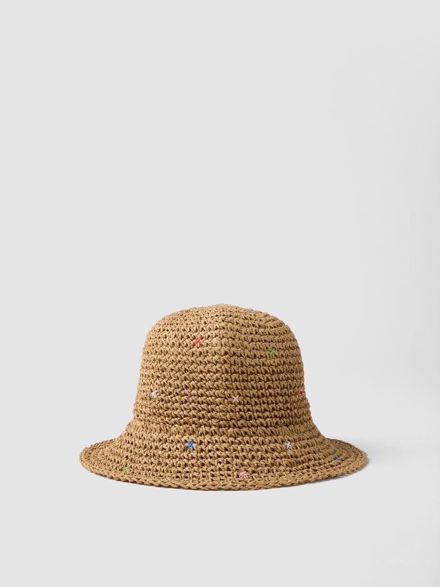 Beige pure paper-fabric hat with coloured threads_0